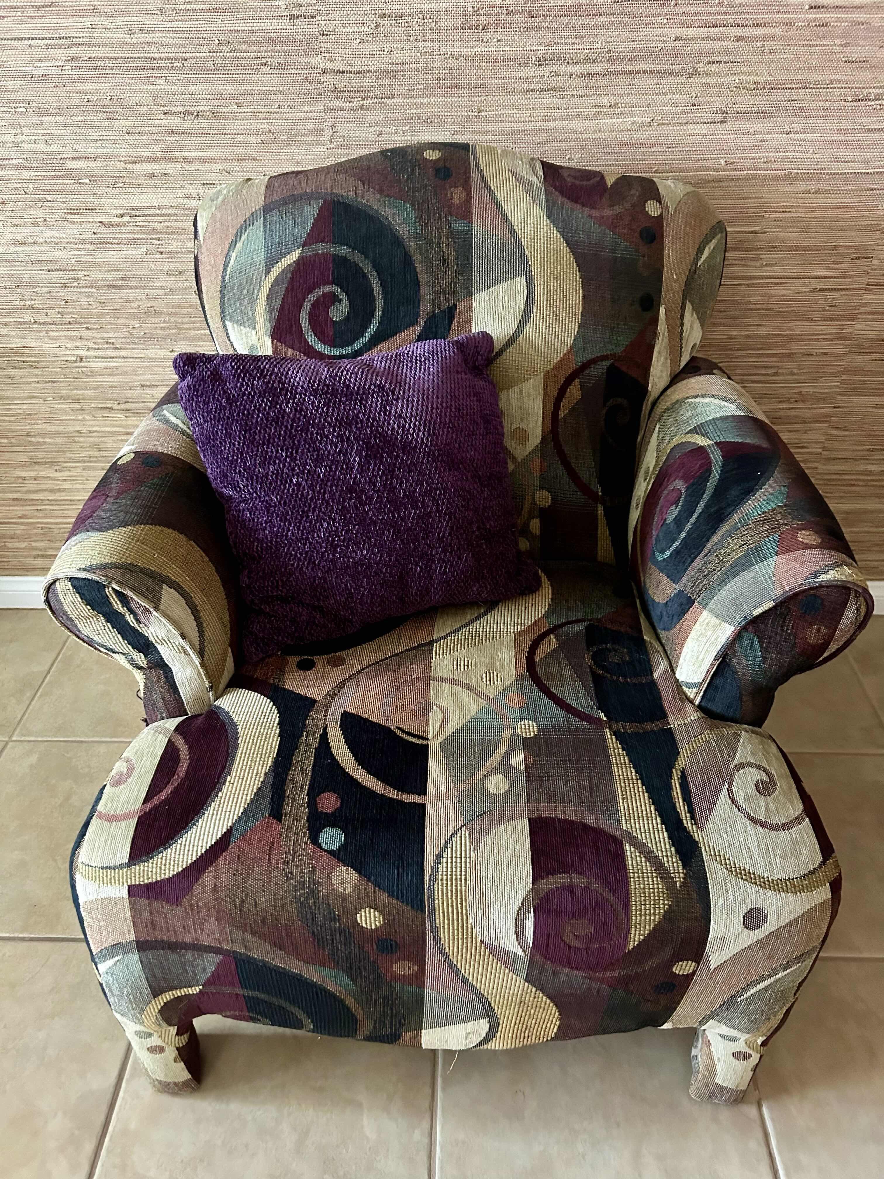 Photo 2 of ARM CHAIR AND OTTOMAN W PURPLE ABSTRACT UPHOLSTERY
