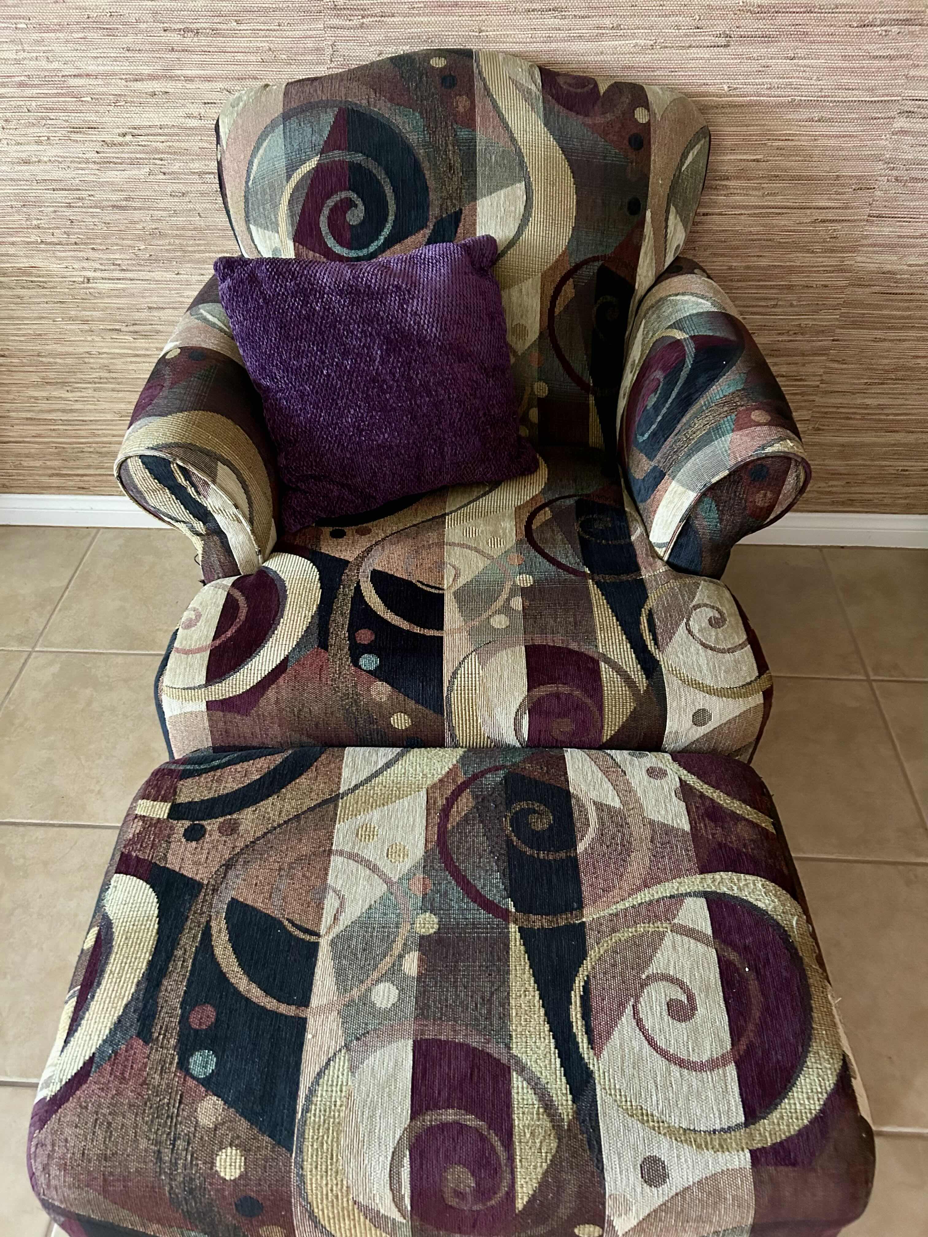 Photo 1 of ARM CHAIR AND OTTOMAN W PURPLE ABSTRACT UPHOLSTERY
