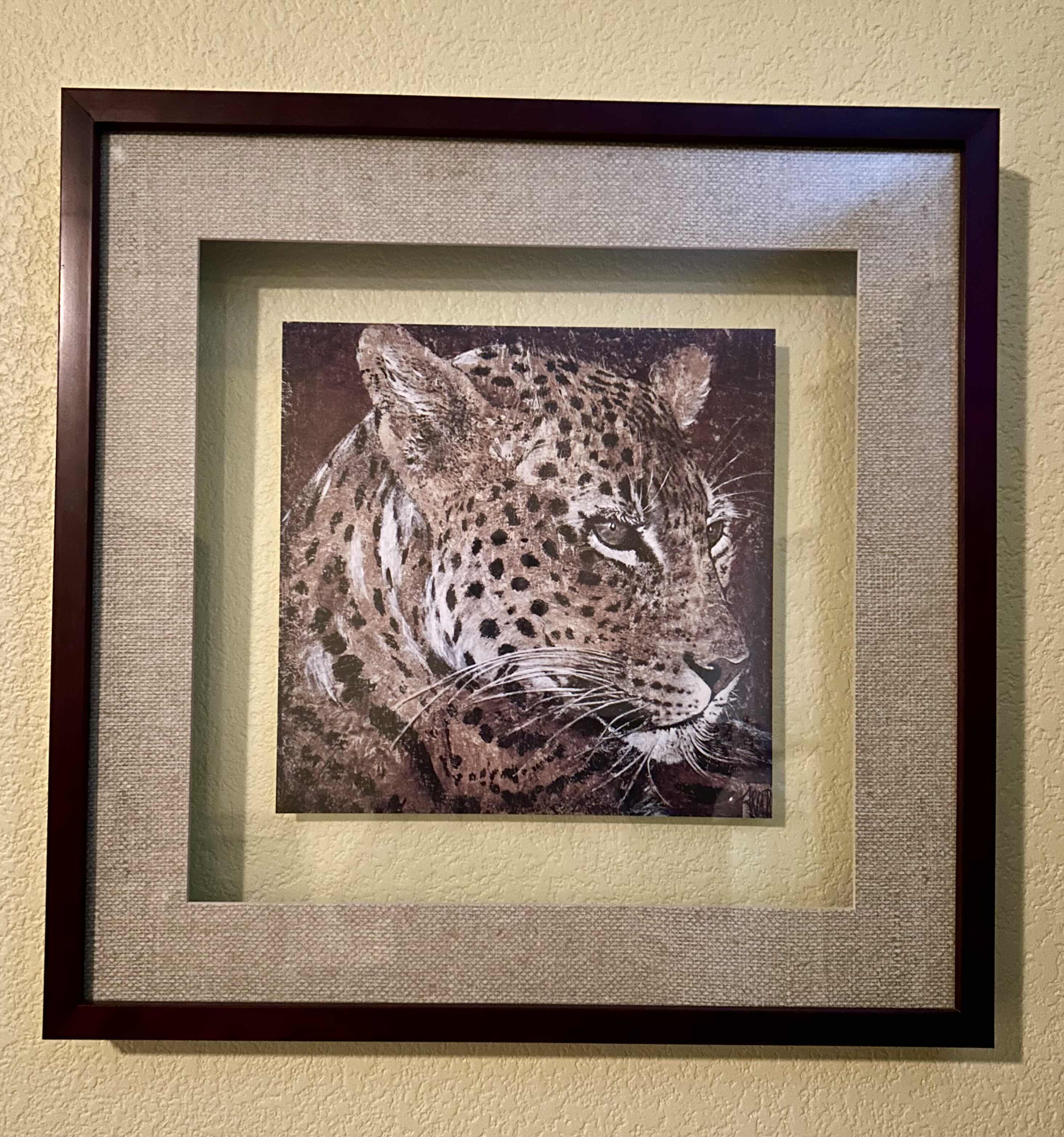 Photo 1 of DARK WOOD FRAMED "LEOPARD" PRINT ARTWORK  21” X 21” 