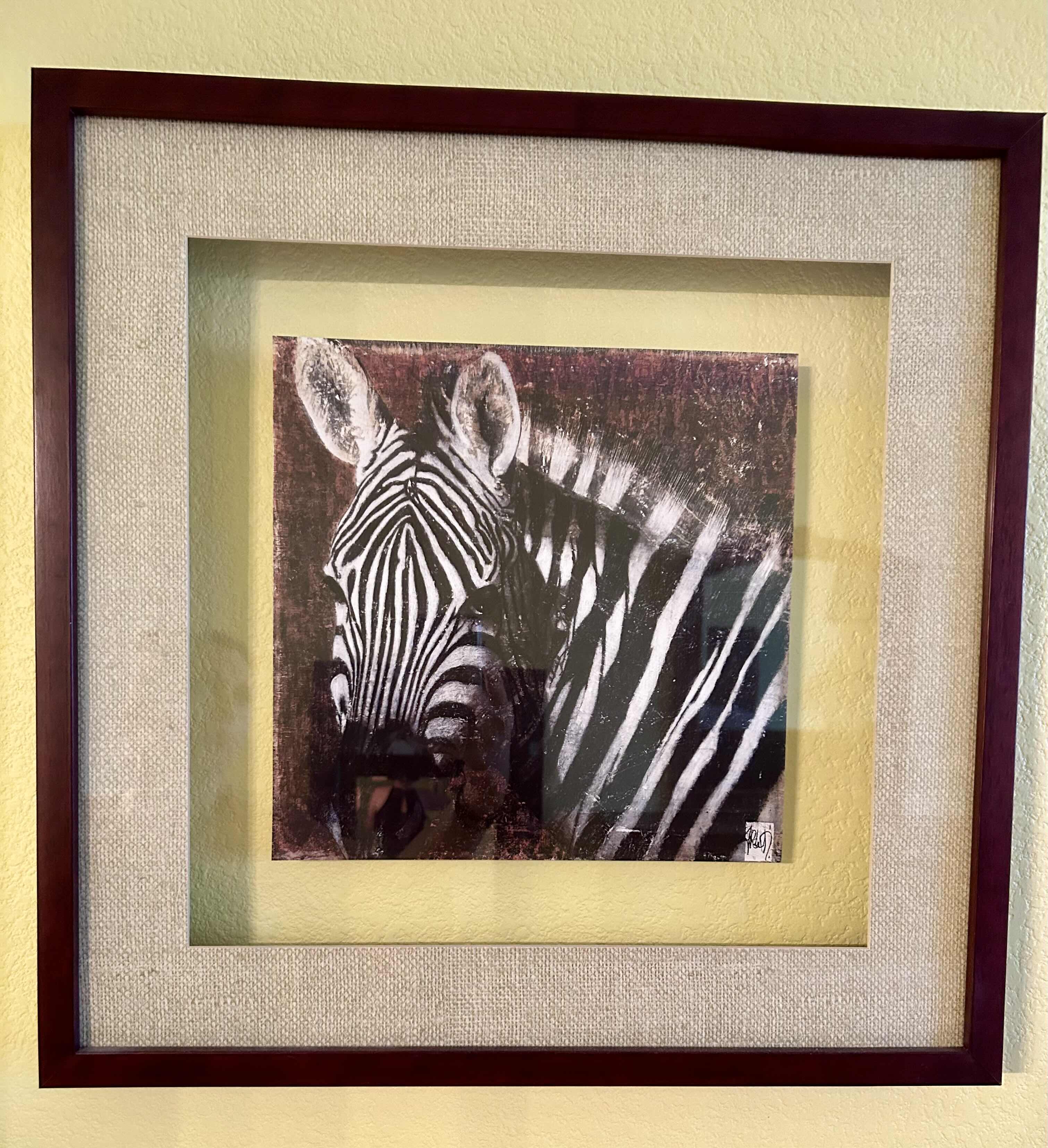 Photo 1 of DARK WOOD FRAMED ZEBRA ARTWORK PRINT 21” X 21”
