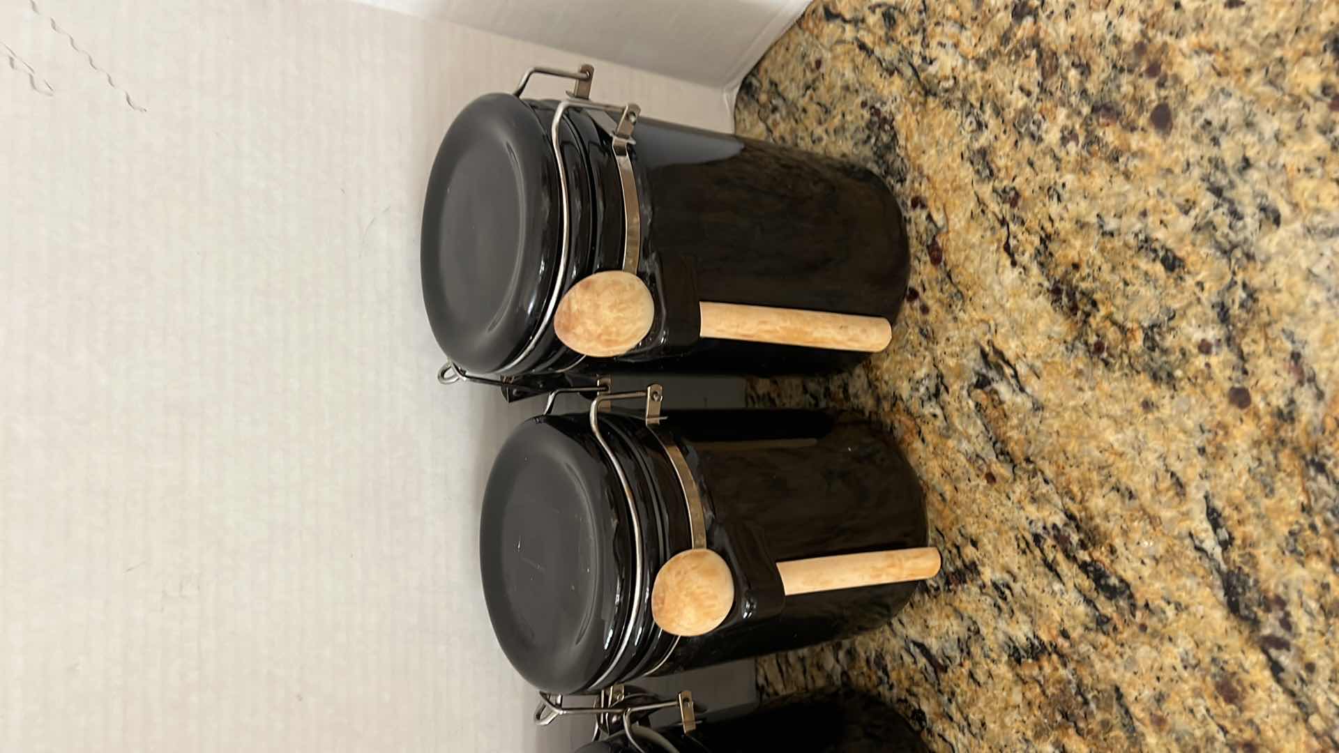 Photo 2 of 4-NAVY BLUE CERAMIC CANISTER SET W WOODEN SPOONS