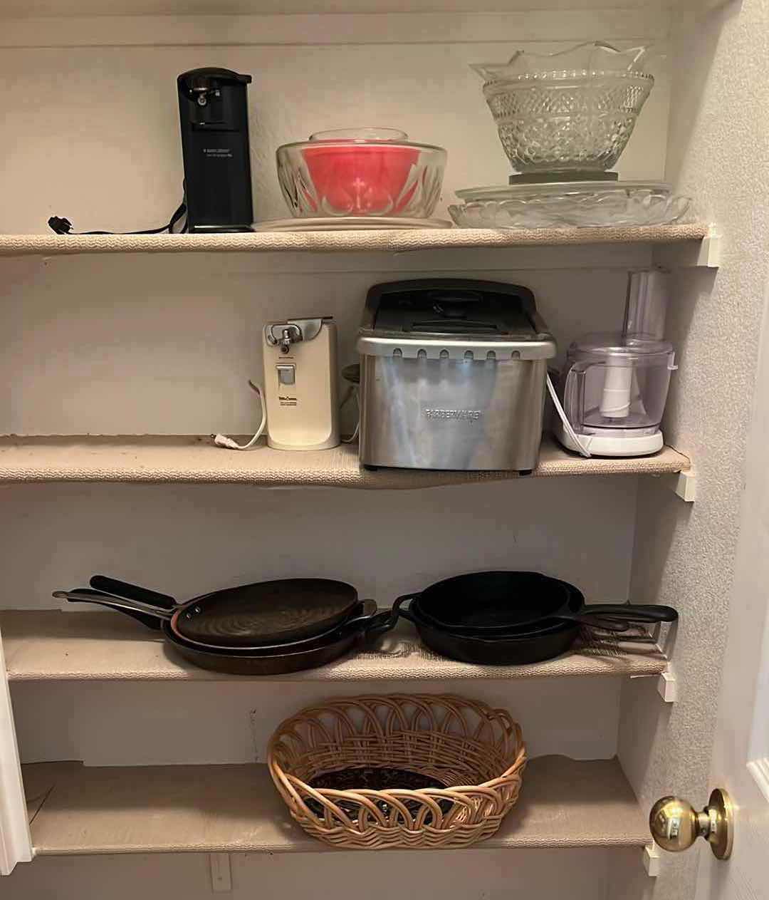 Photo 1 of CONTENTS OF 4 KITCHEN PANTRY SHELVES-CAST IRON SKILLETS, CAN OPENER, FRYER