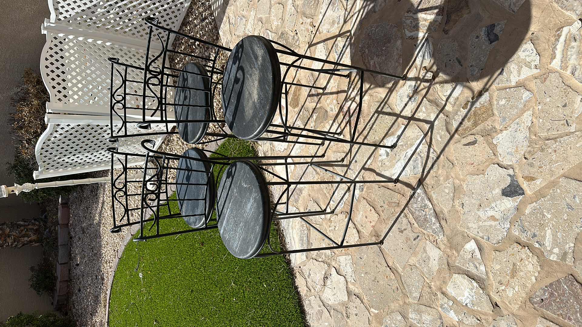 Photo 1 of 4-BLACK WROUGHT IRON W WOOD SEATS OUTDOOR BAR STOOLS H47"