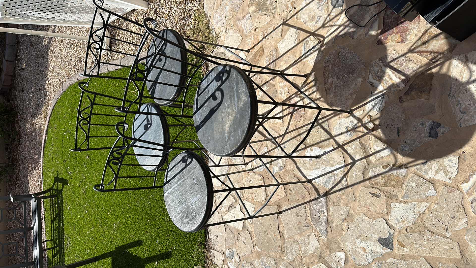 Photo 2 of 4-BLACK WROUGHT IRON W WOOD SEATS OUTDOOR BAR STOOLS H47"