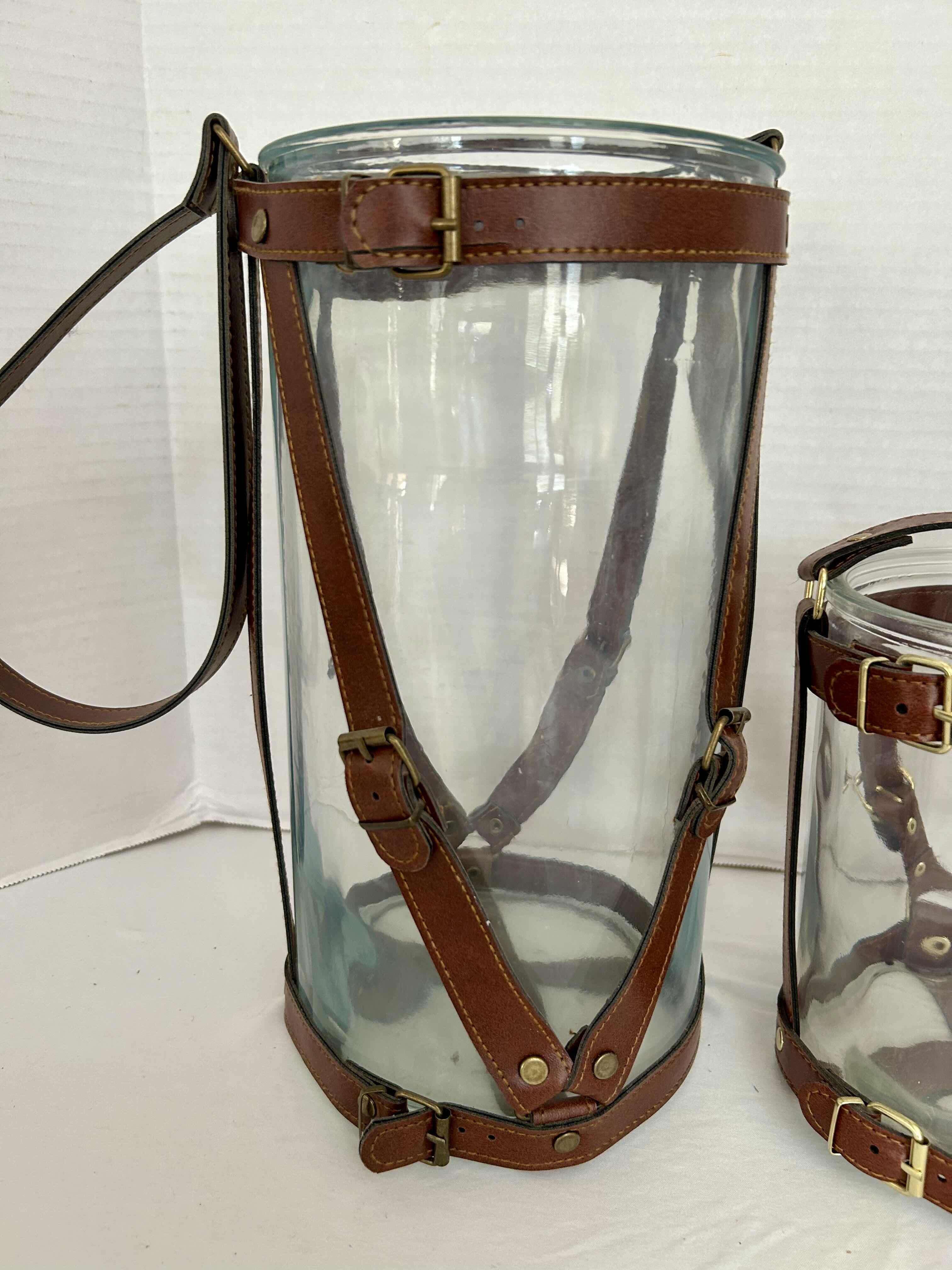 Photo 2 of 2 HANGING LEATHER WRAPPED HURRICANE THICK GLASS CANDLE HOLDERS H12” and H7”