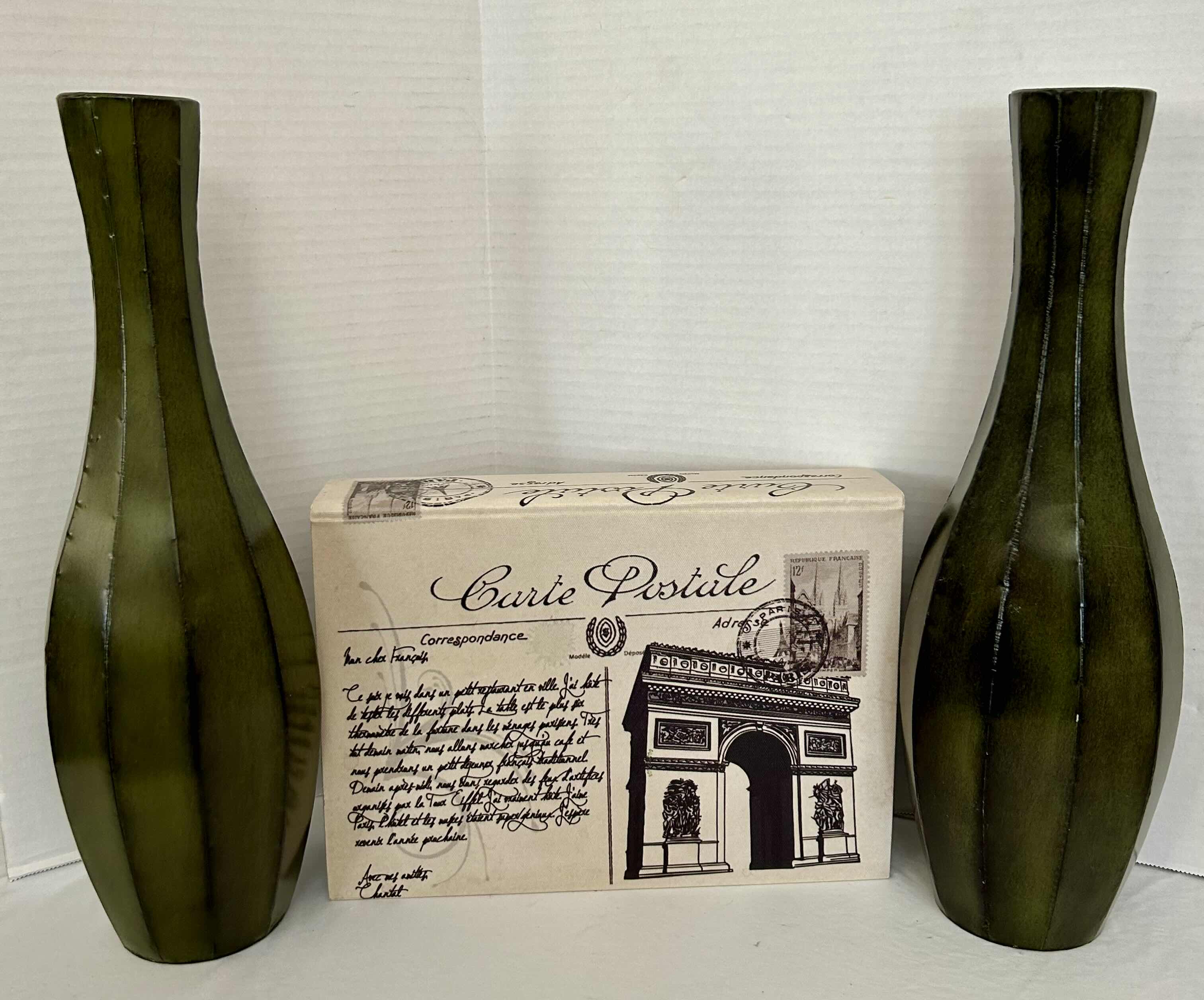 Photo 1 of 2 OLIVE GREEN METAL VASES H16” AND ONE DECORATIVE BOX