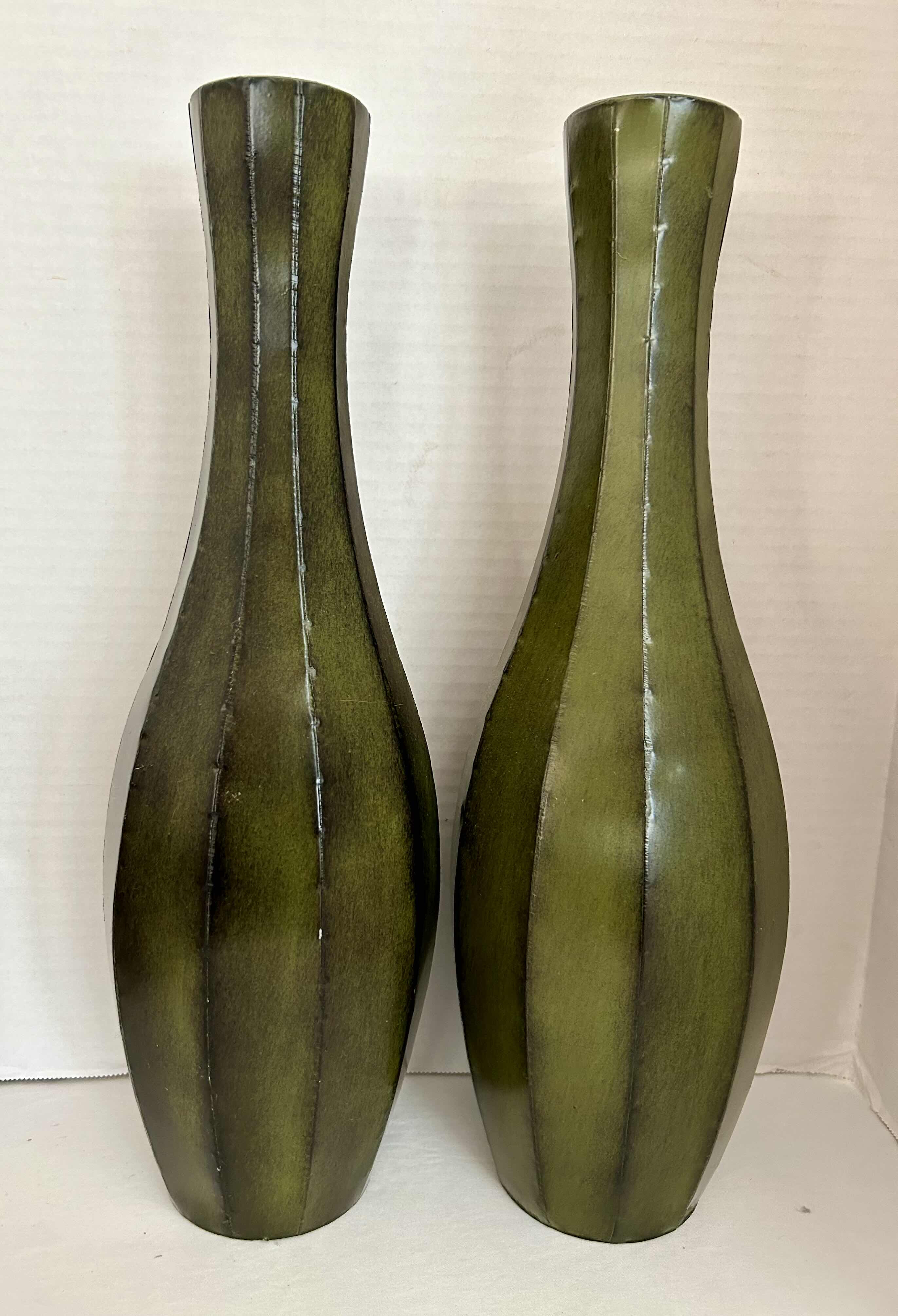 Photo 2 of 2 OLIVE GREEN METAL VASES H16” AND ONE DECORATIVE BOX