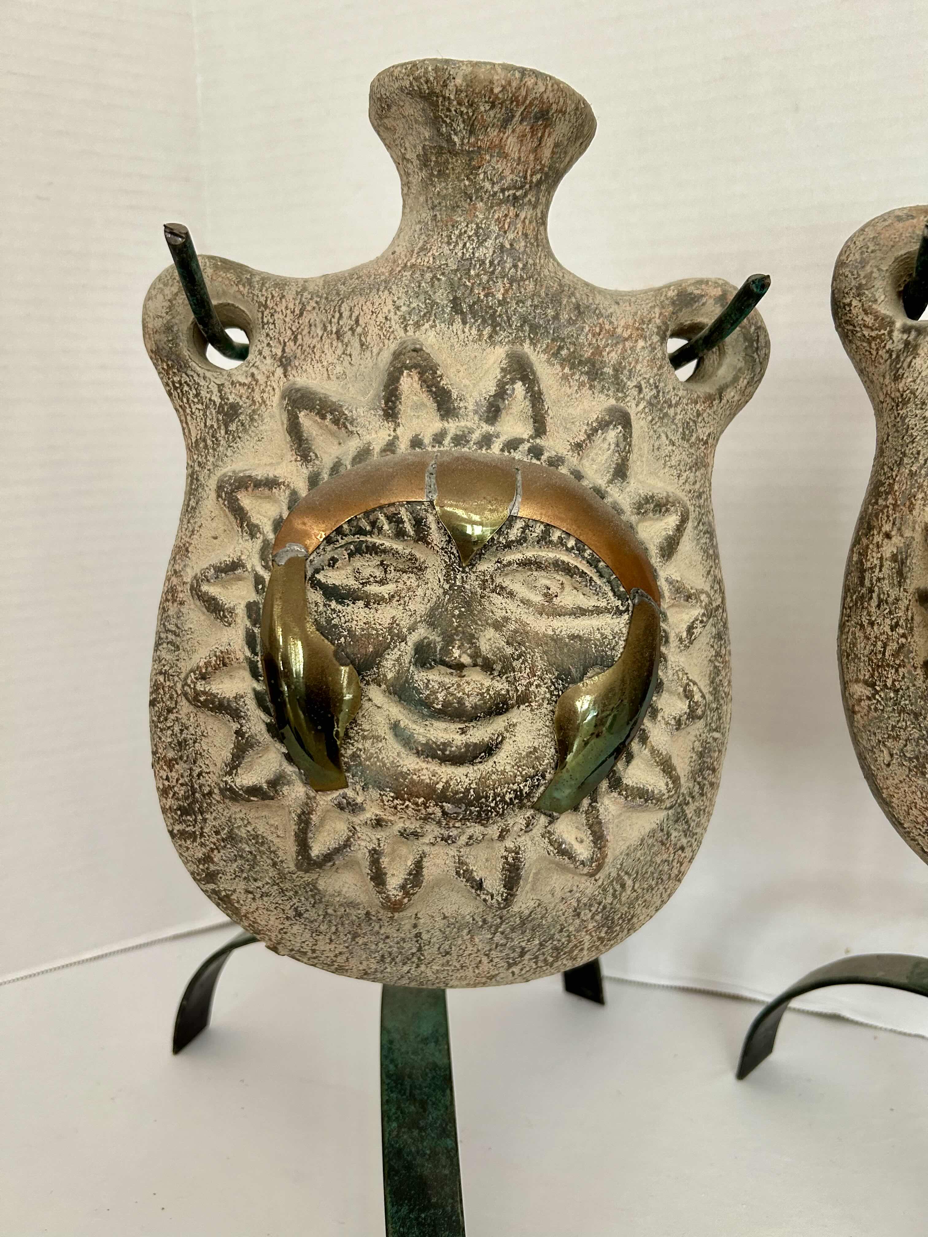 Photo 3 of 2 SUNFACE TERRACOTTA POTTERY VESSELS ON METAL STAND H16”
