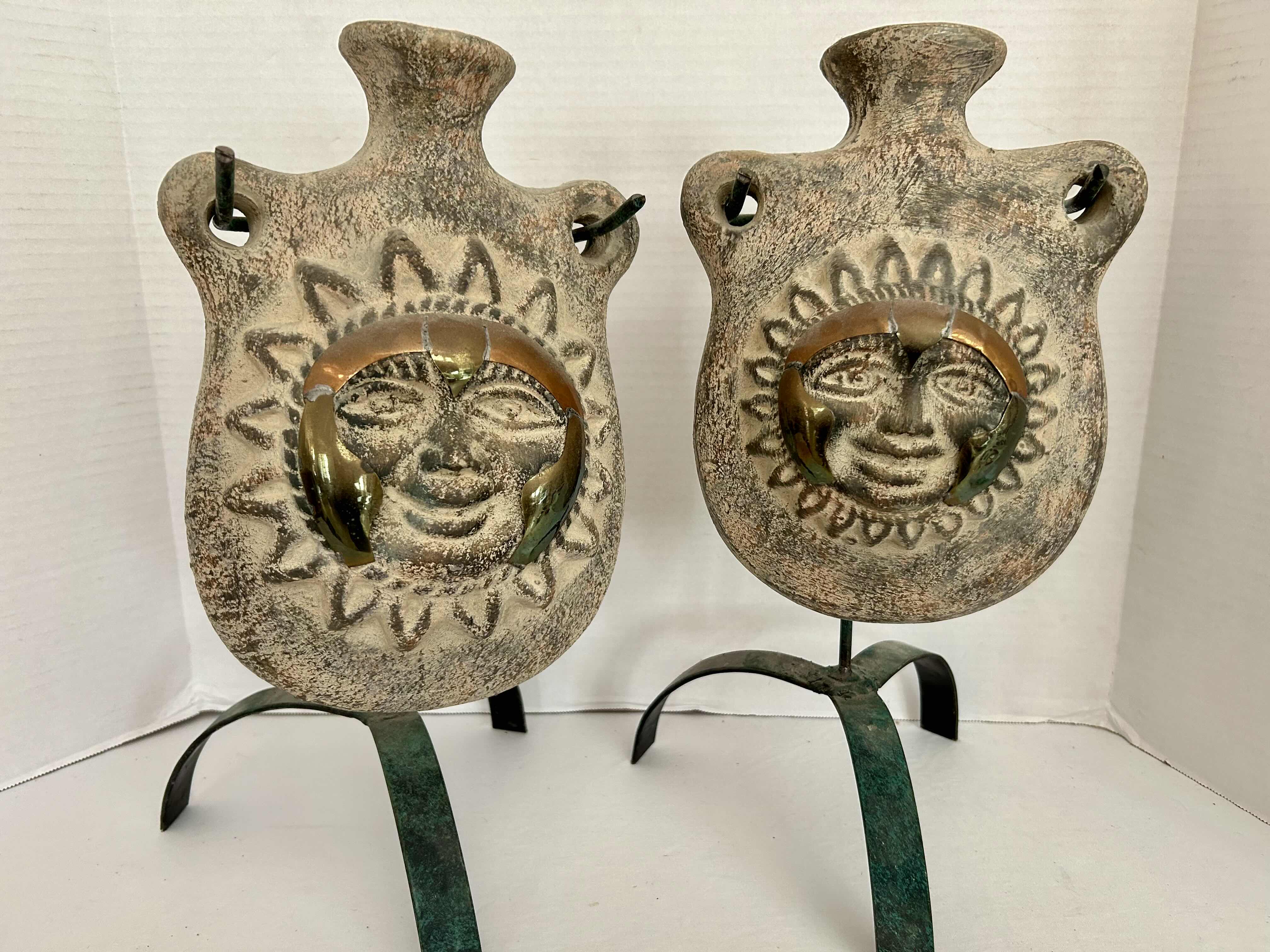 Photo 1 of 2 SUNFACE TERRACOTTA POTTERY VESSELS ON METAL STAND H16”
