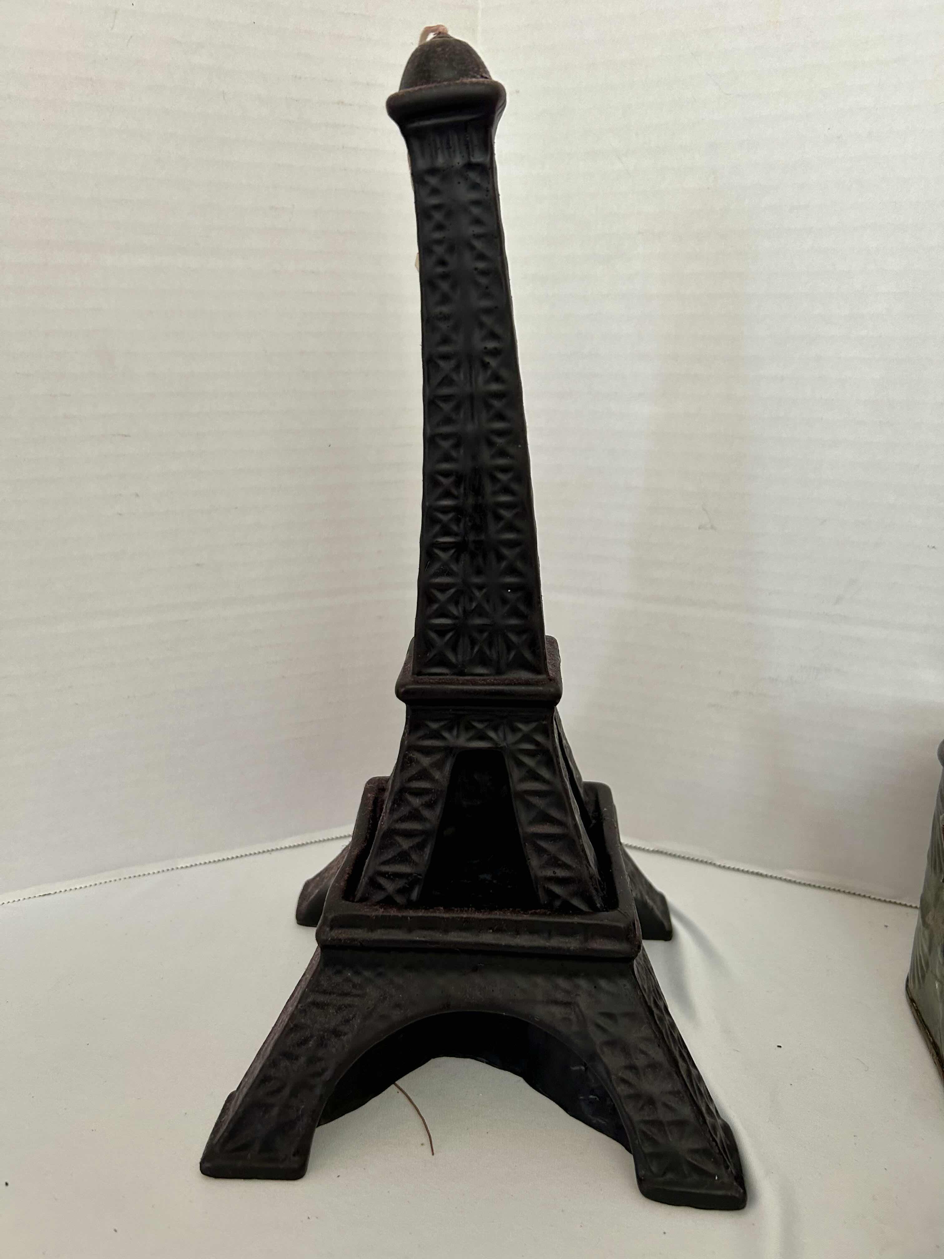 Photo 2 of EIFFEL TOWER CANDLE, 2 THICK GLASS SCONCE CANDLE HOLDERS AND SMALL METAL CONTAINER