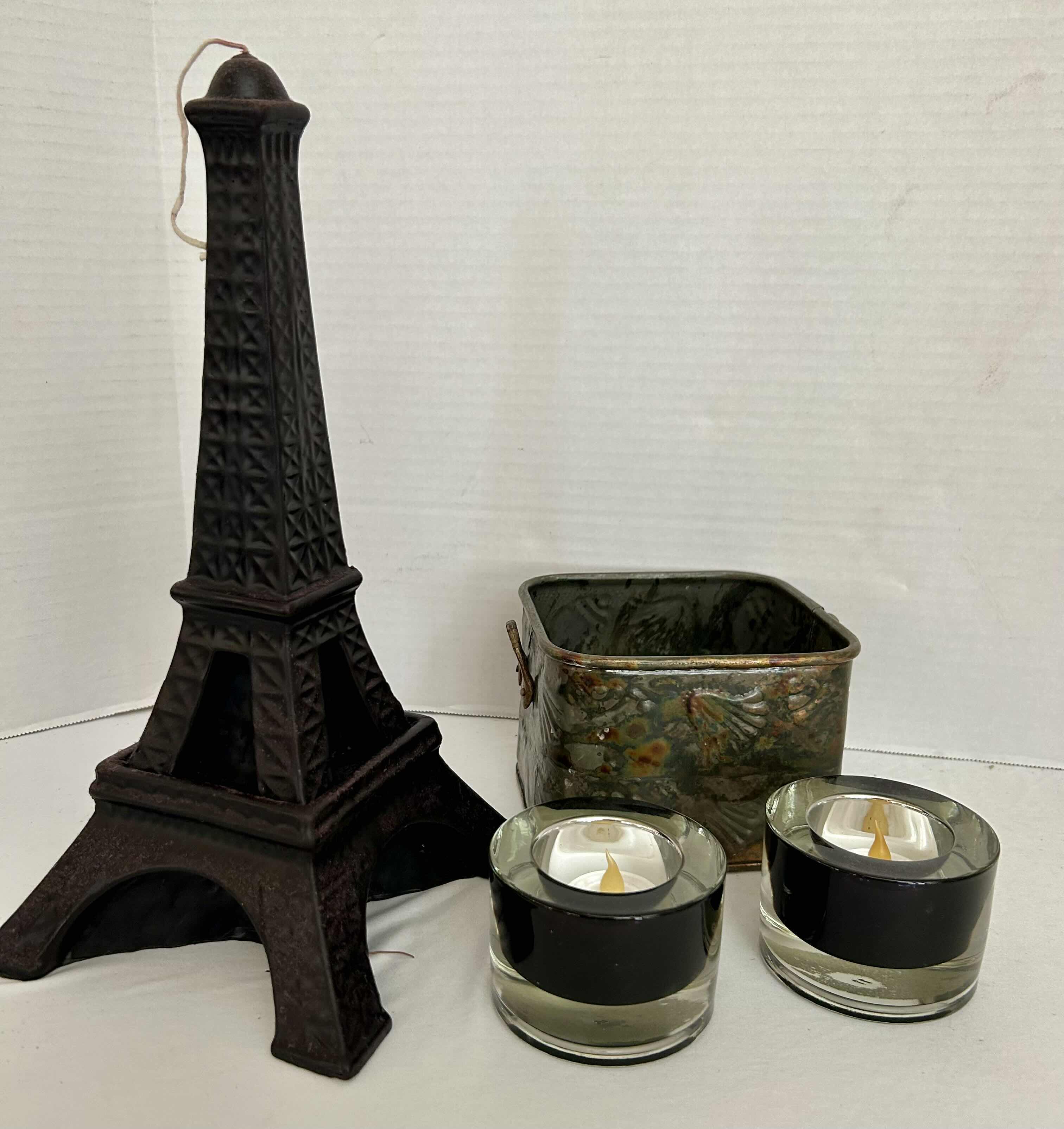 Photo 1 of EIFFEL TOWER CANDLE, 2 THICK GLASS SCONCE CANDLE HOLDERS AND SMALL METAL CONTAINER