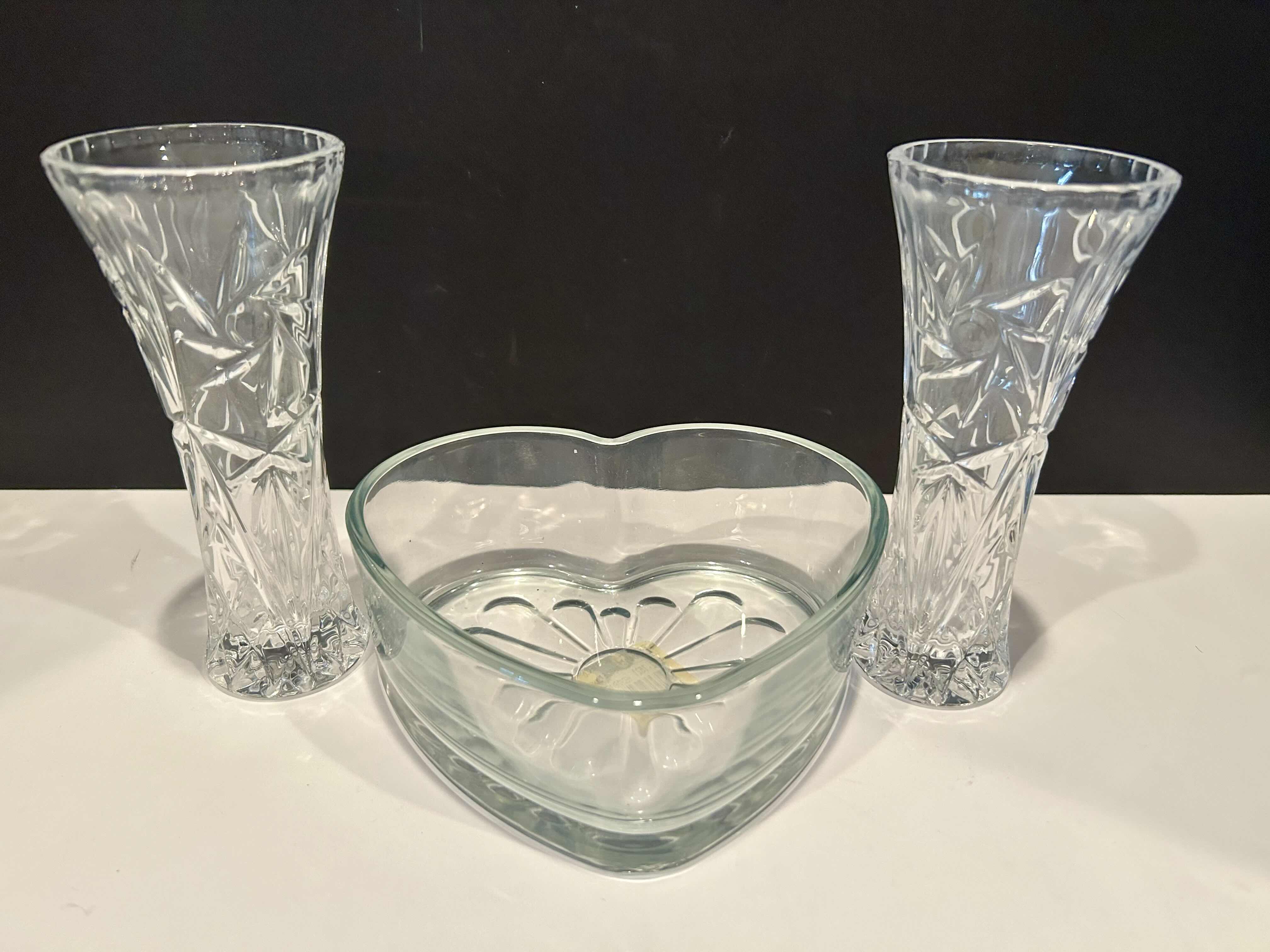 Photo 1 of 2-Crystal  VASES, GLASS HEART DISH