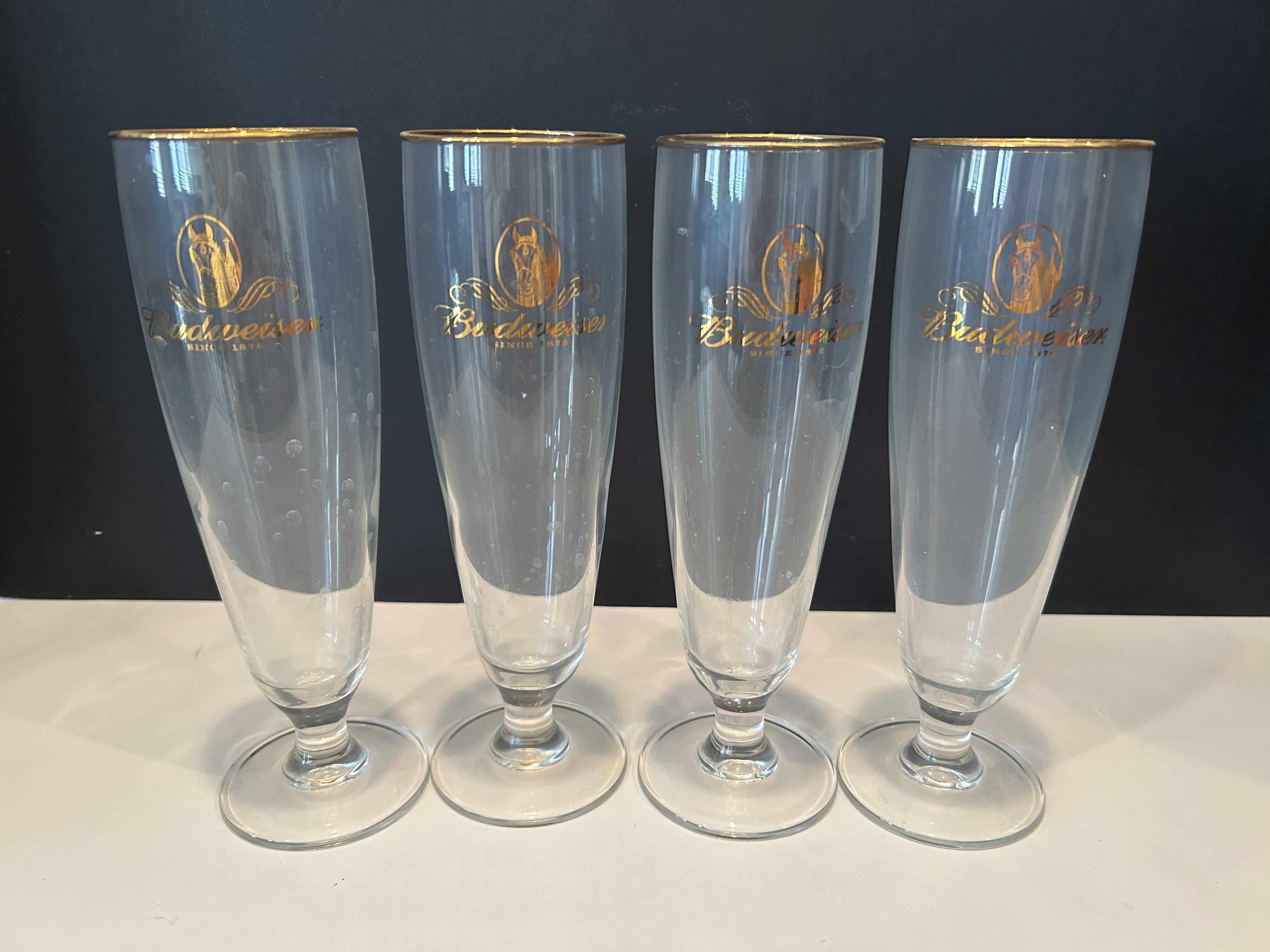 Photo 1 of 4 GOLD RIMMED BUDWEISER 1876 TALL PILSNER GLASSES with CLYDESDALE HORSES
