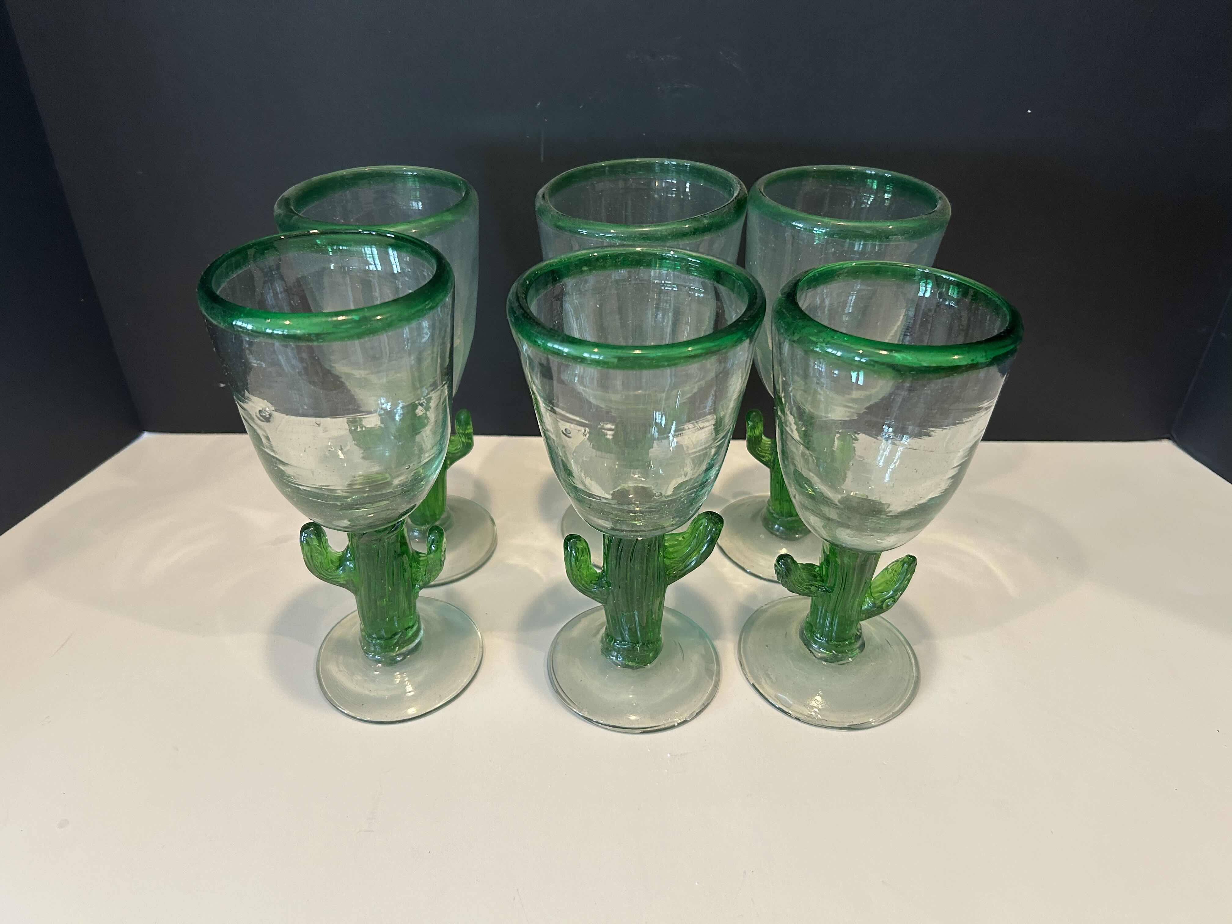 Photo 1 of 6- HANDBLOWN GLASS SAGUARO CACTUS GOBLETS W GREEN RIMS 
