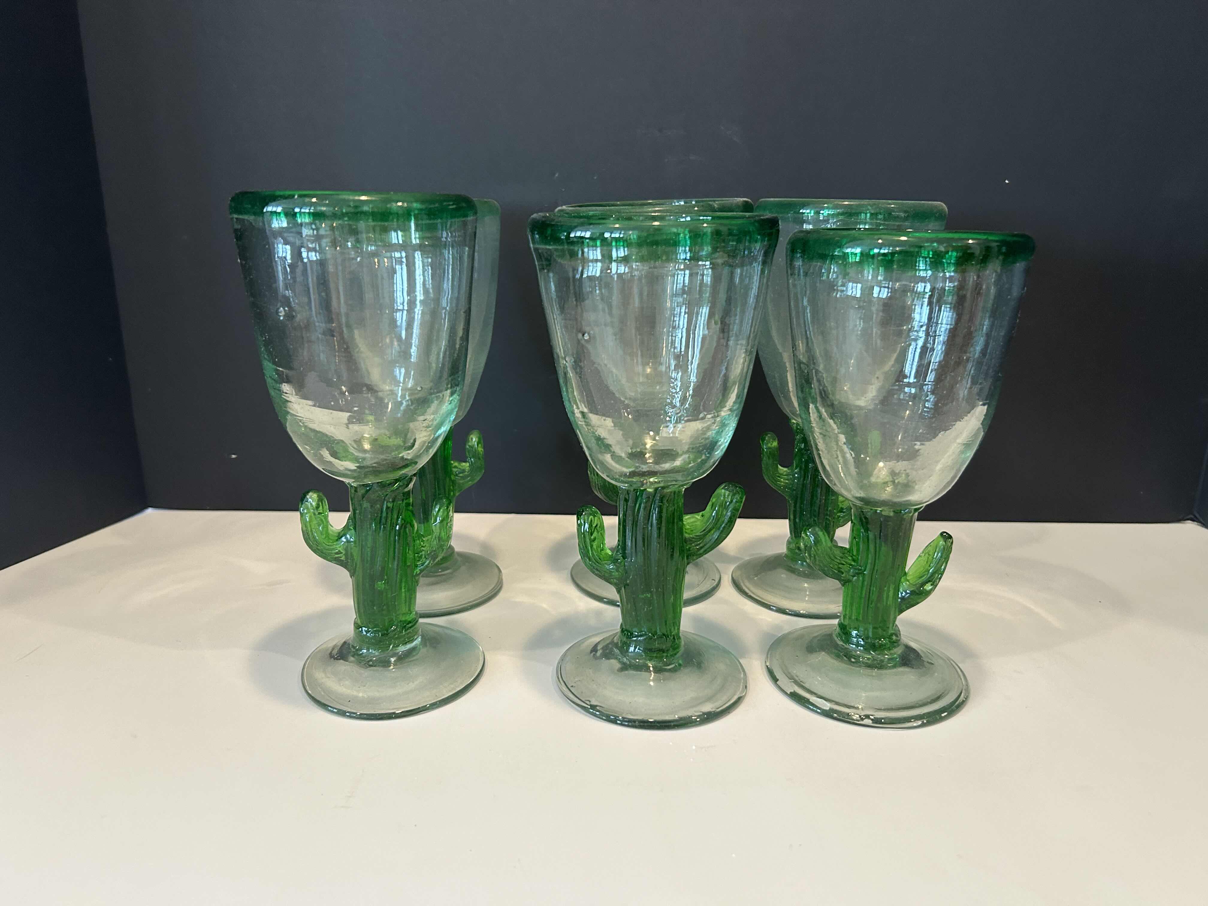 Photo 2 of 6- HANDBLOWN GLASS SAGUARO CACTUS GOBLETS W GREEN RIMS 
