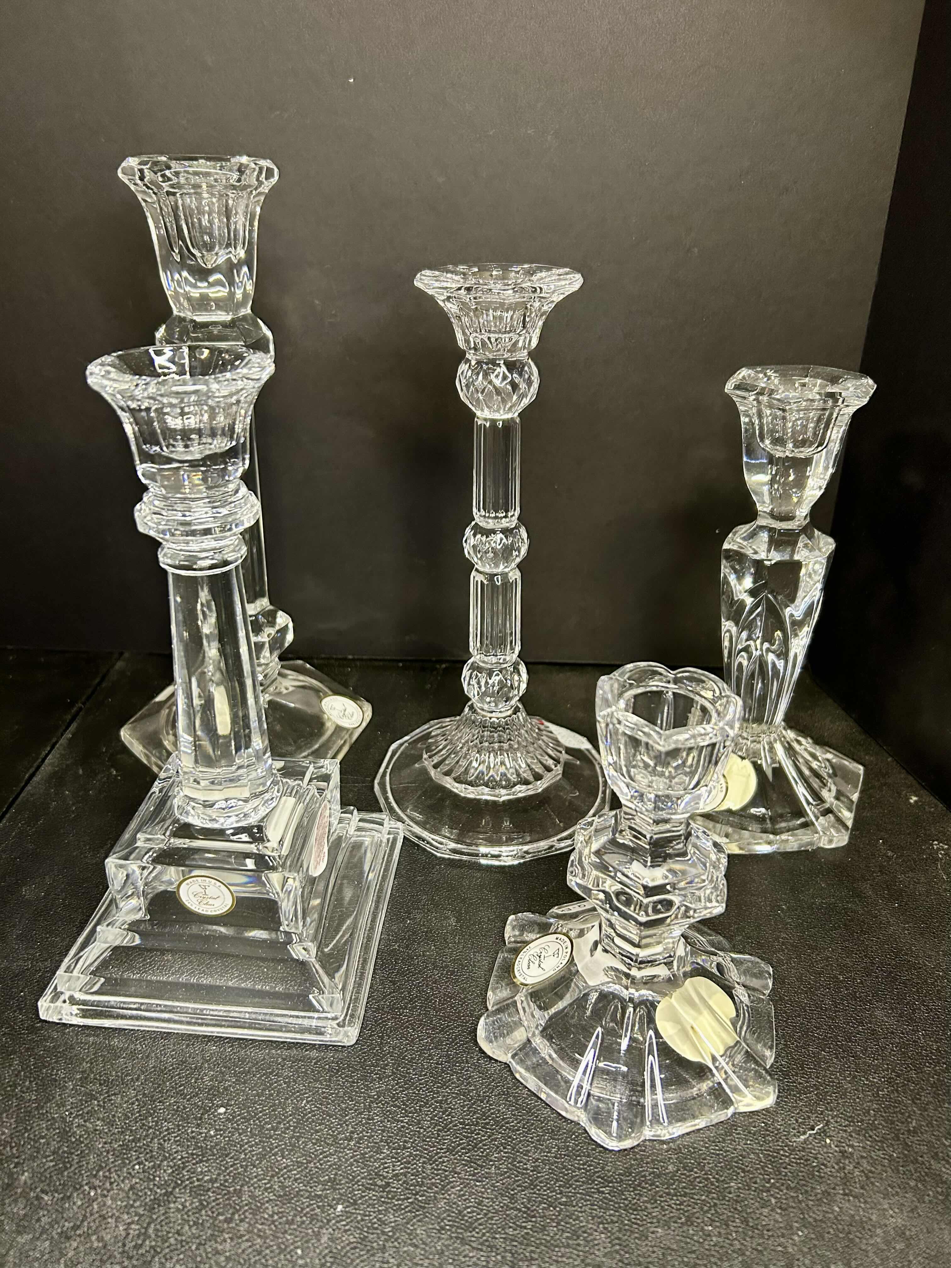 Photo 1 of 5- AUTHENTIC "CRYSTAL CLEAR" BRAND CANDLE STICK HOLDERS IN VARIOUS SIZES.  CERTIFICATION STICKERS ATTACHED, MADE IN POLAND