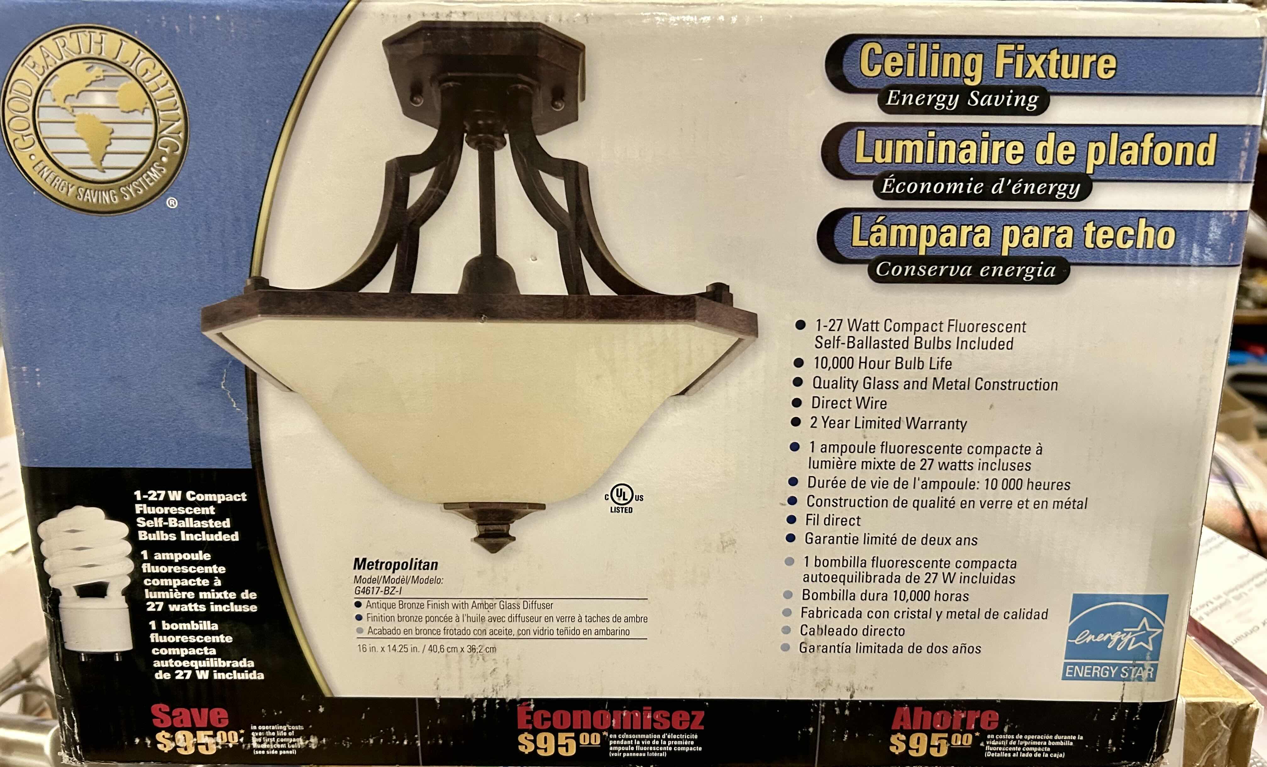 Photo 3 of NIB GOOD EARTH LIGHTING CEILING FIXTURE. METROPOLITAN MODEL WITH ANTIQUED BRONZE FINISH AND AMBIENT GLASS DIFFUSER. MODEL # G4617-BZ- l. 16” X 14.25”H