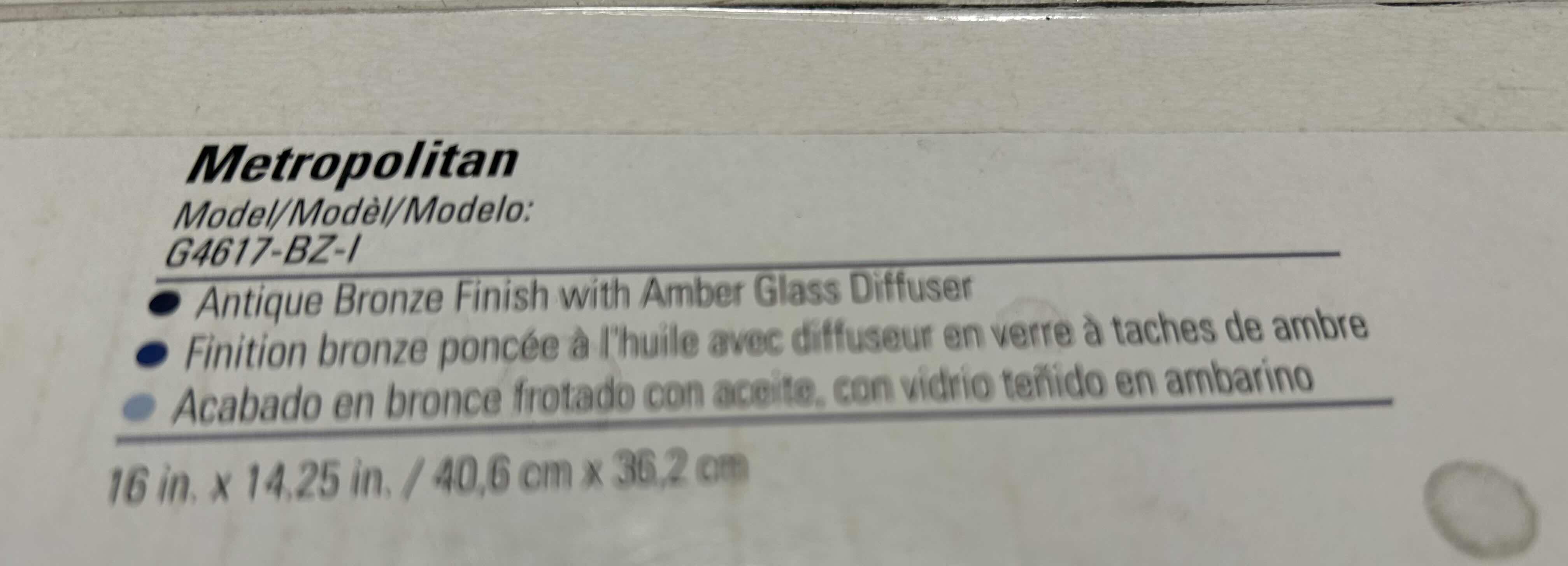 Photo 2 of NIB GOOD EARTH LIGHTING CEILING FIXTURE. METROPOLITAN MODEL WITH ANTIQUED BRONZE FINISH AND AMBIENT GLASS DIFFUSER. MODEL # G4617-BZ- l. 16” X 14.25”H