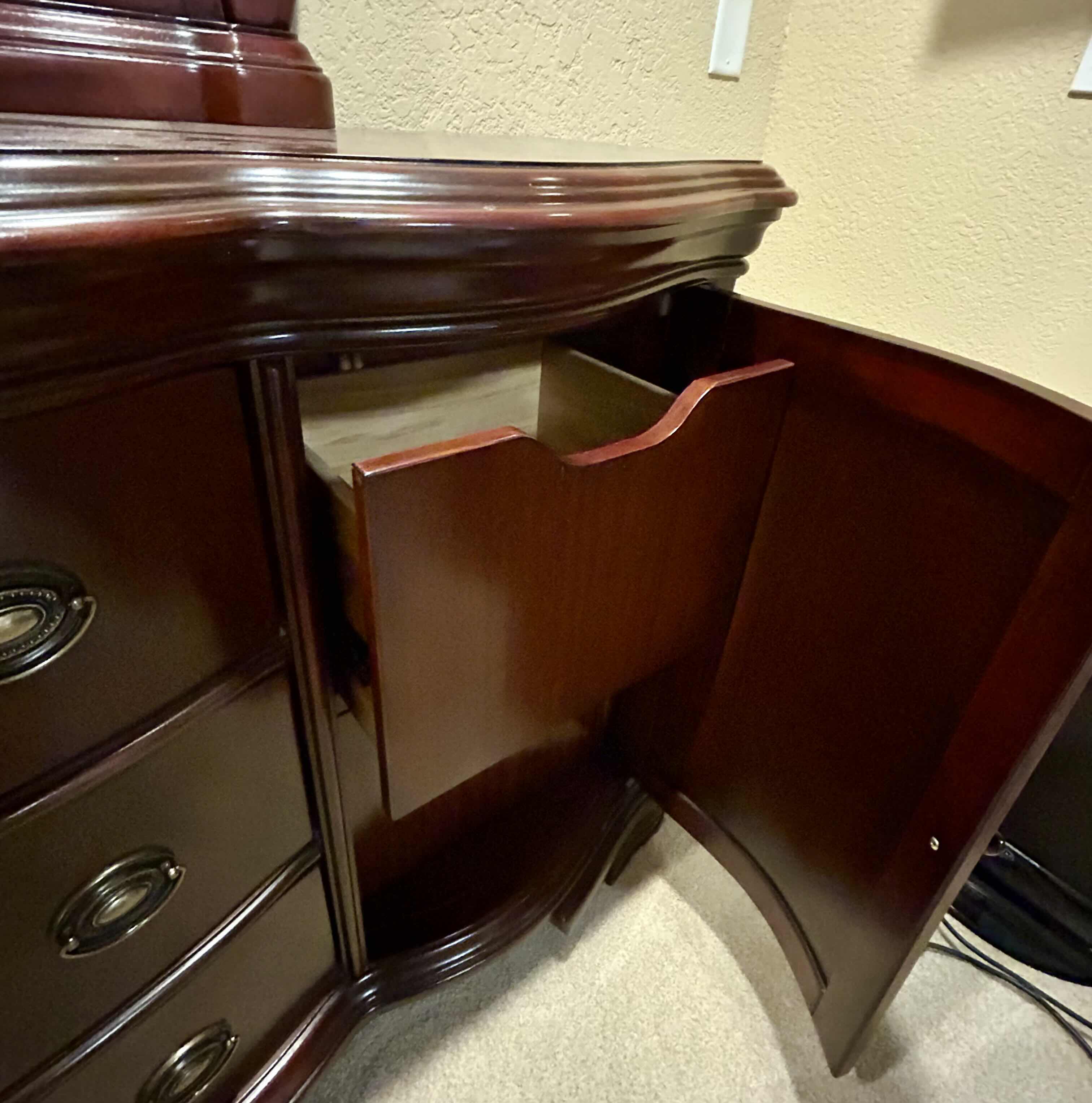 Photo 3 of DARK WOOD WITH MAHOGANY INLAY, QUEEN STYLE DRESSER WITH MIRROR

67” X 19” X H 83”