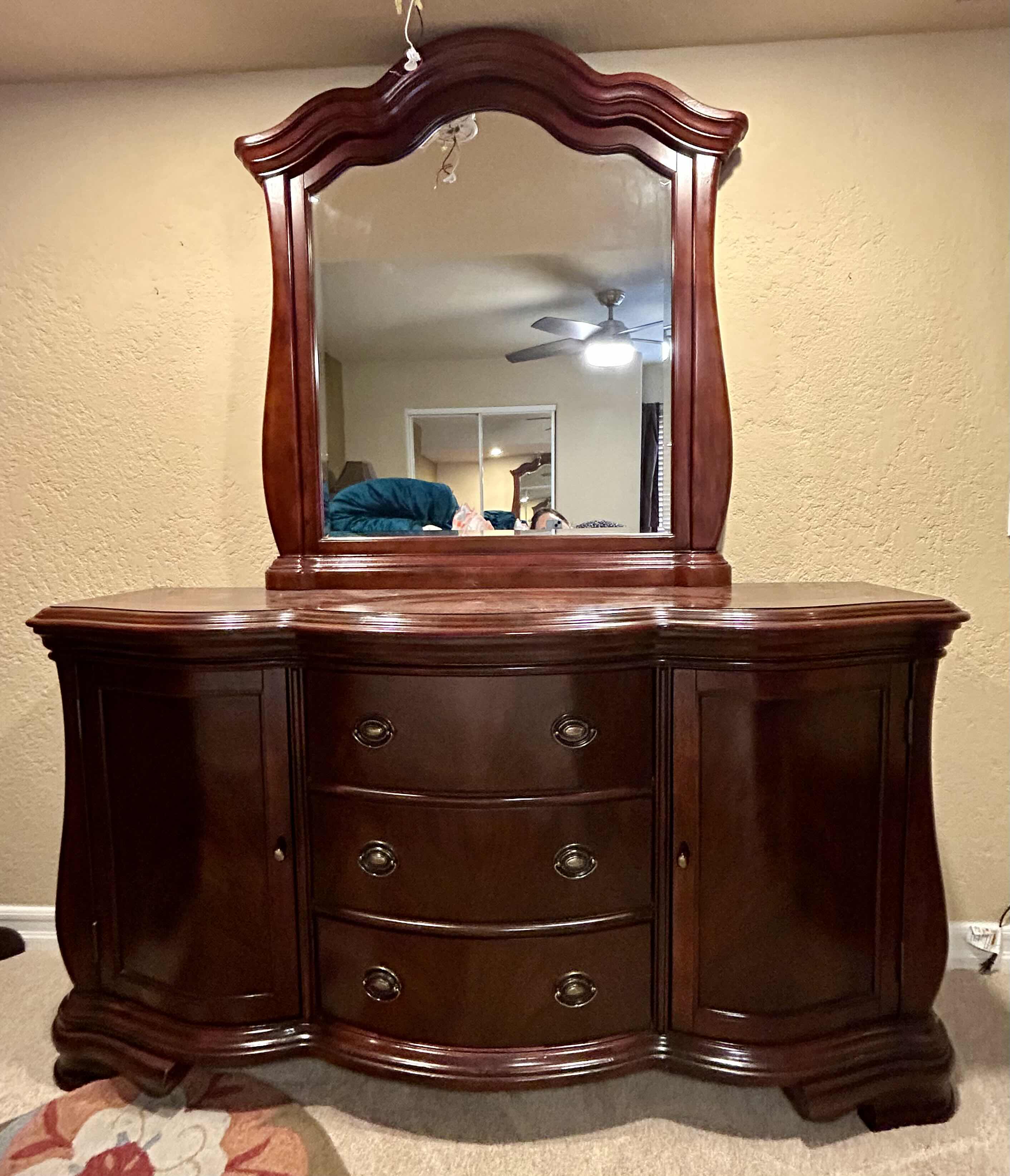 Photo 1 of DARK WOOD WITH MAHOGANY INLAY, QUEEN STYLE DRESSER WITH MIRROR

67” X 19” X H 83”