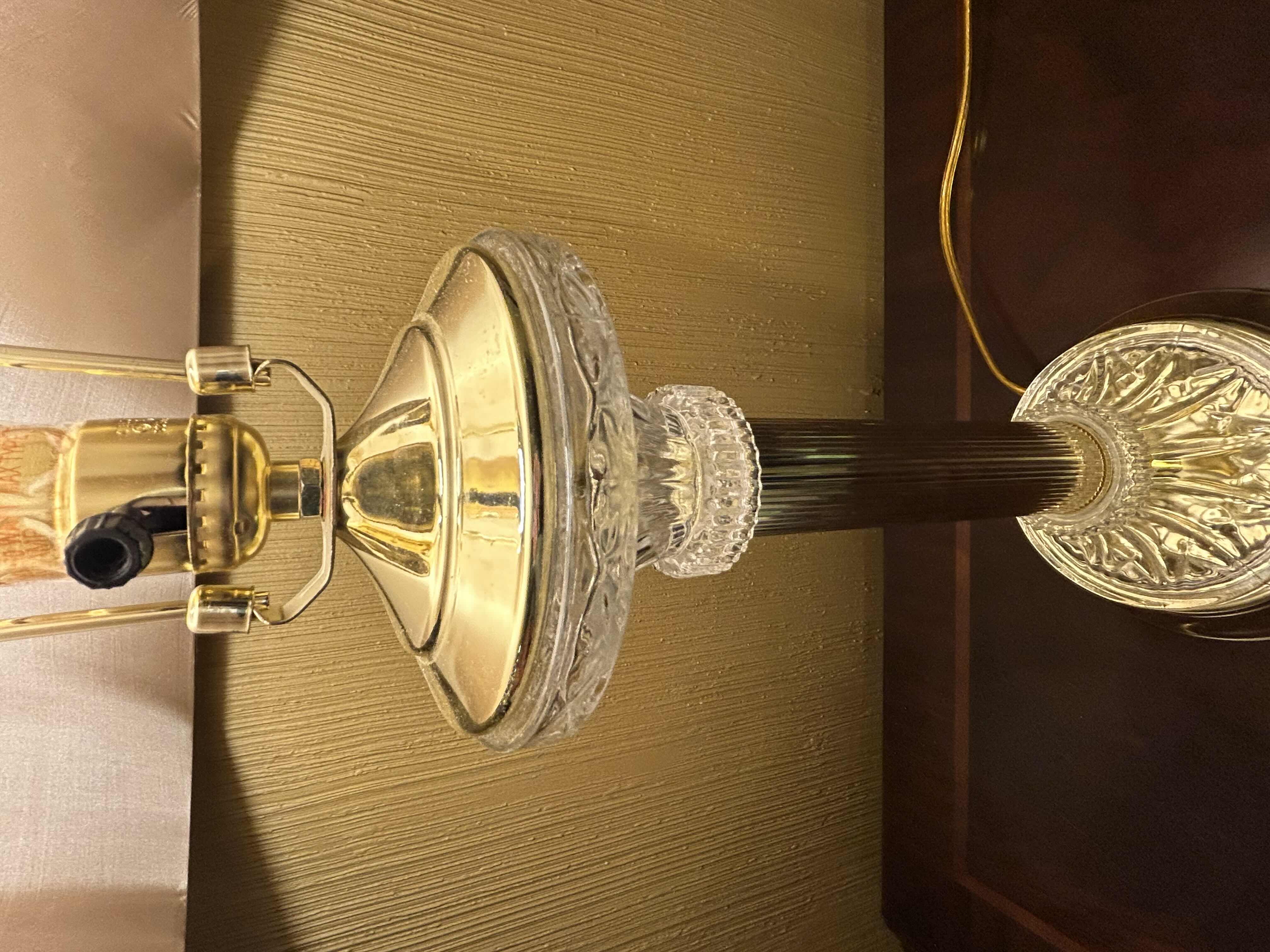 Photo 2 of BRASS AND CRYSTAL LAMP WITH TAN COLORED BELL SHAPED SHADE H28”

100.00