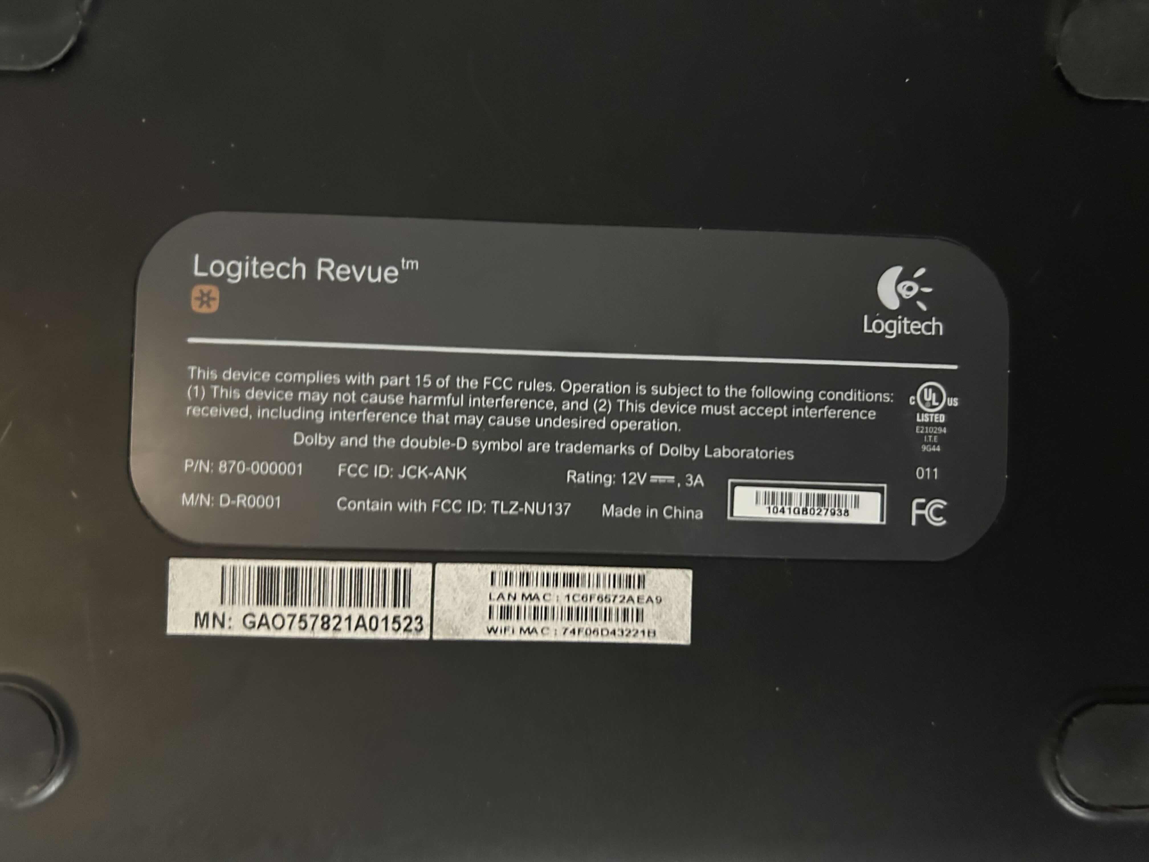 Photo 2 of LOGITECH REVUE D-R0001 BLACK WIRELESS Wi-Fi HDMI 

30.00