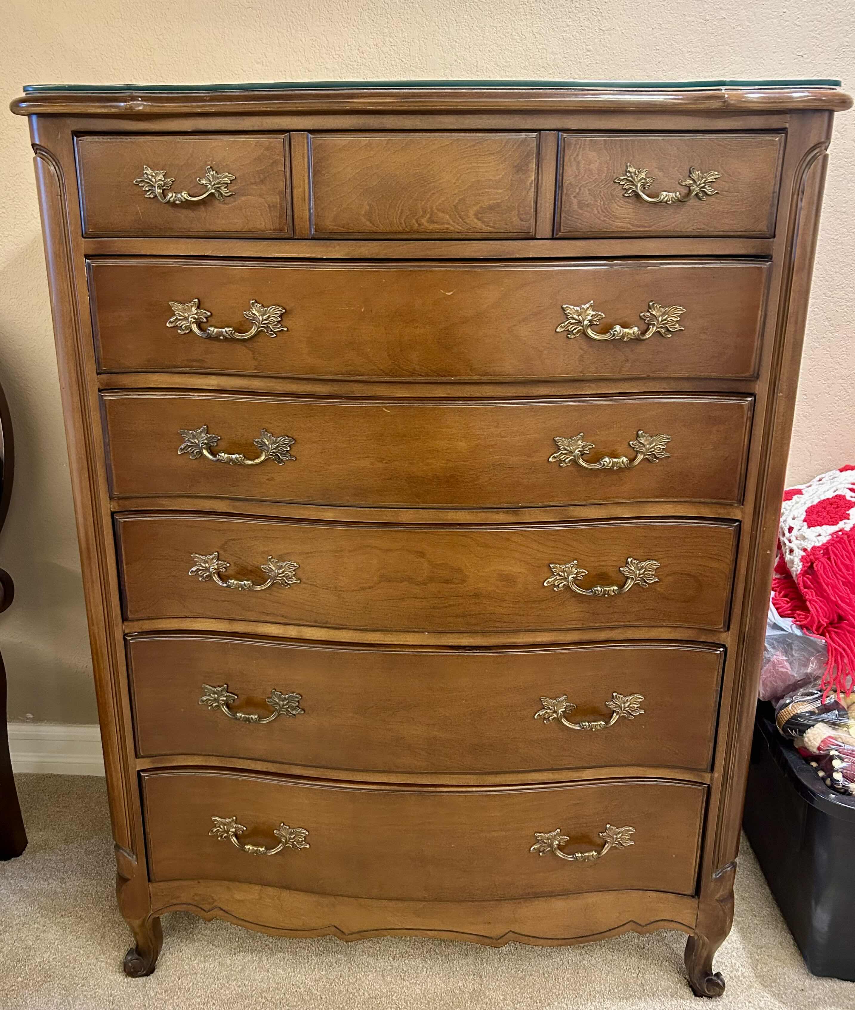 Photo 1 of FRENCH PROVINCIAL STYLE SERPENTINE CHEST OF DRAWERS with CUT TO FIT GLASS TOP 37” X 22” H 50”

500.00