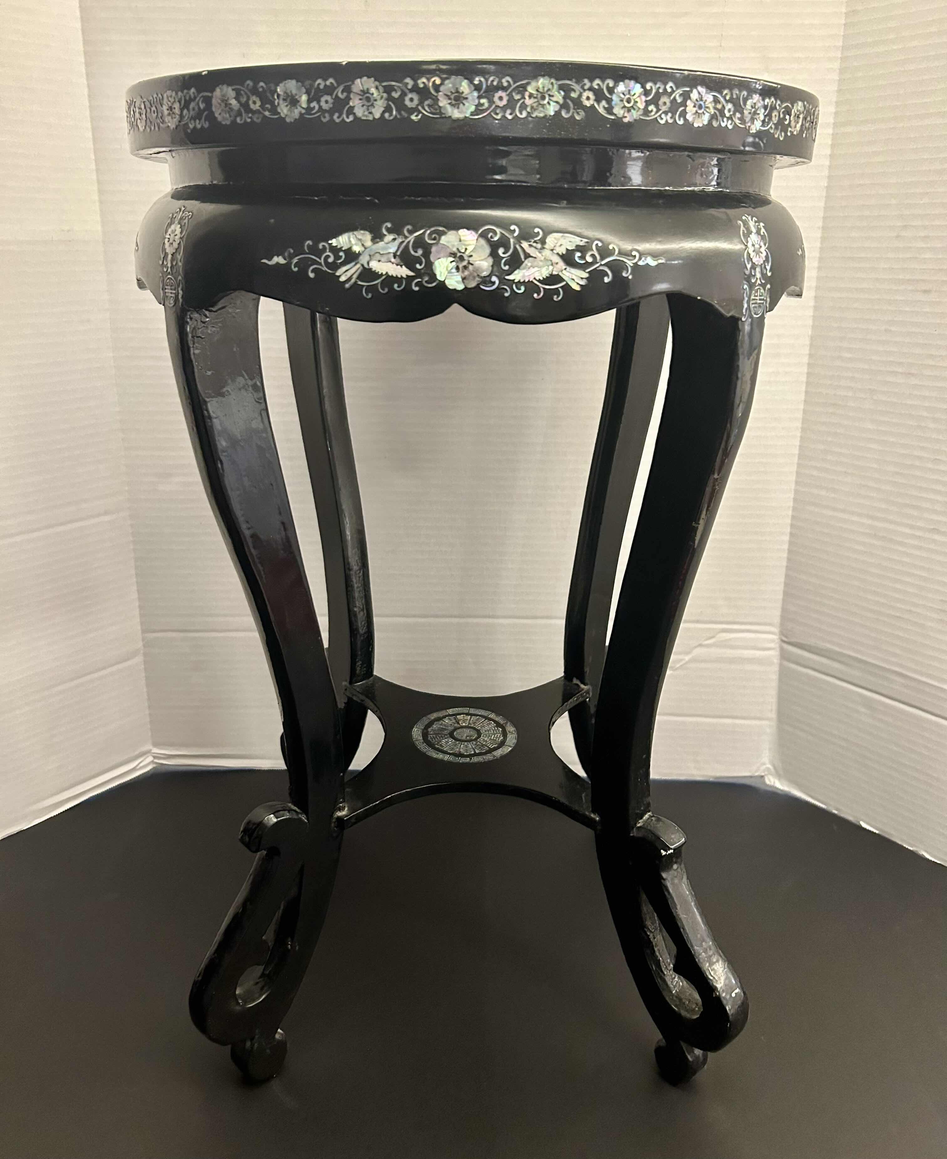 Photo 1 of CHINESE CHINOISERIE SIDE TABLE, LAQUERED TABLE with MOTHER OF PEARL INLAY 15” X H 24” 

200.00