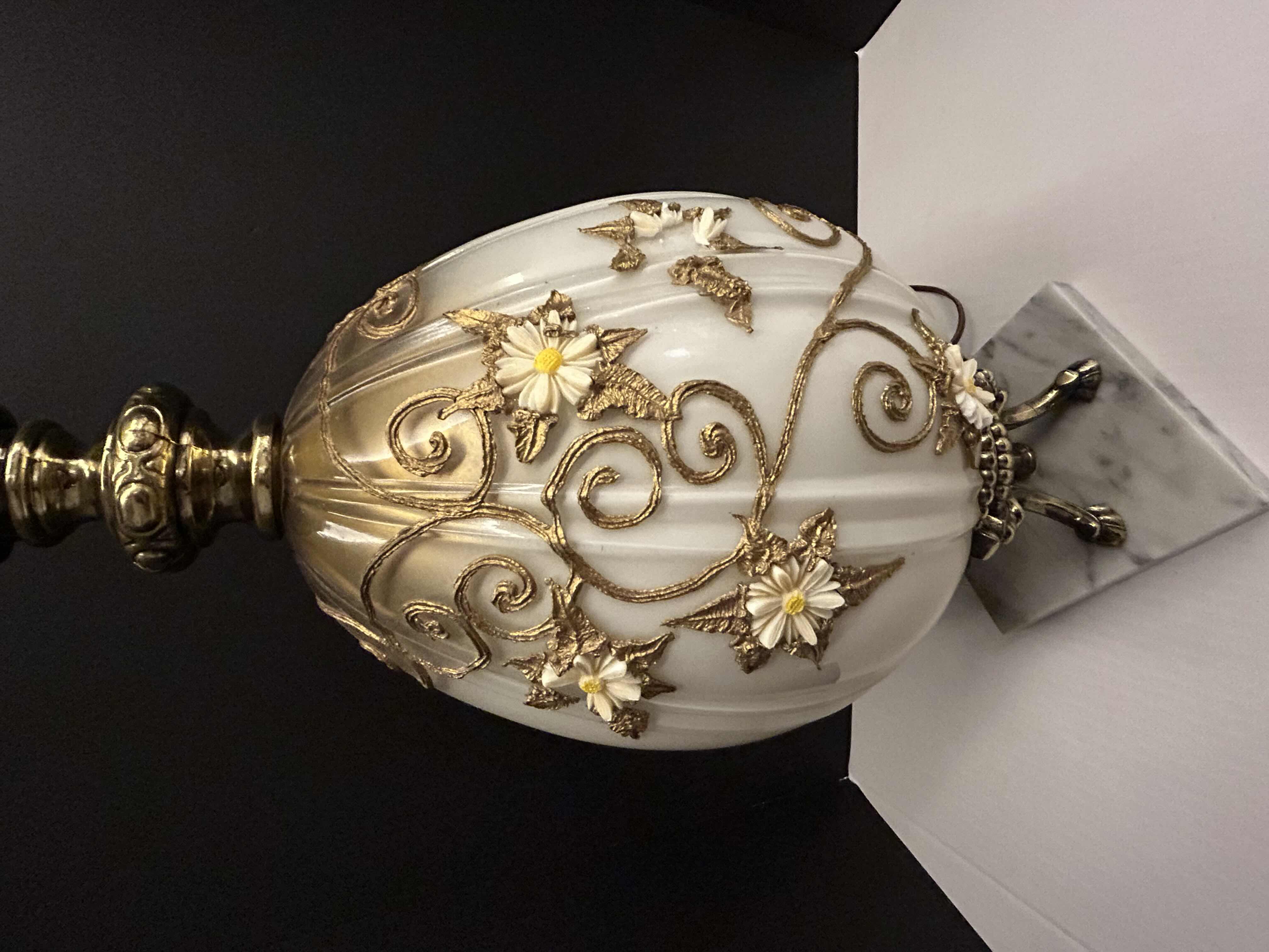 Photo 2 of Italian Ormolu Design 36” Table Lamp White and Gold Glass Ball w/Metal Roses