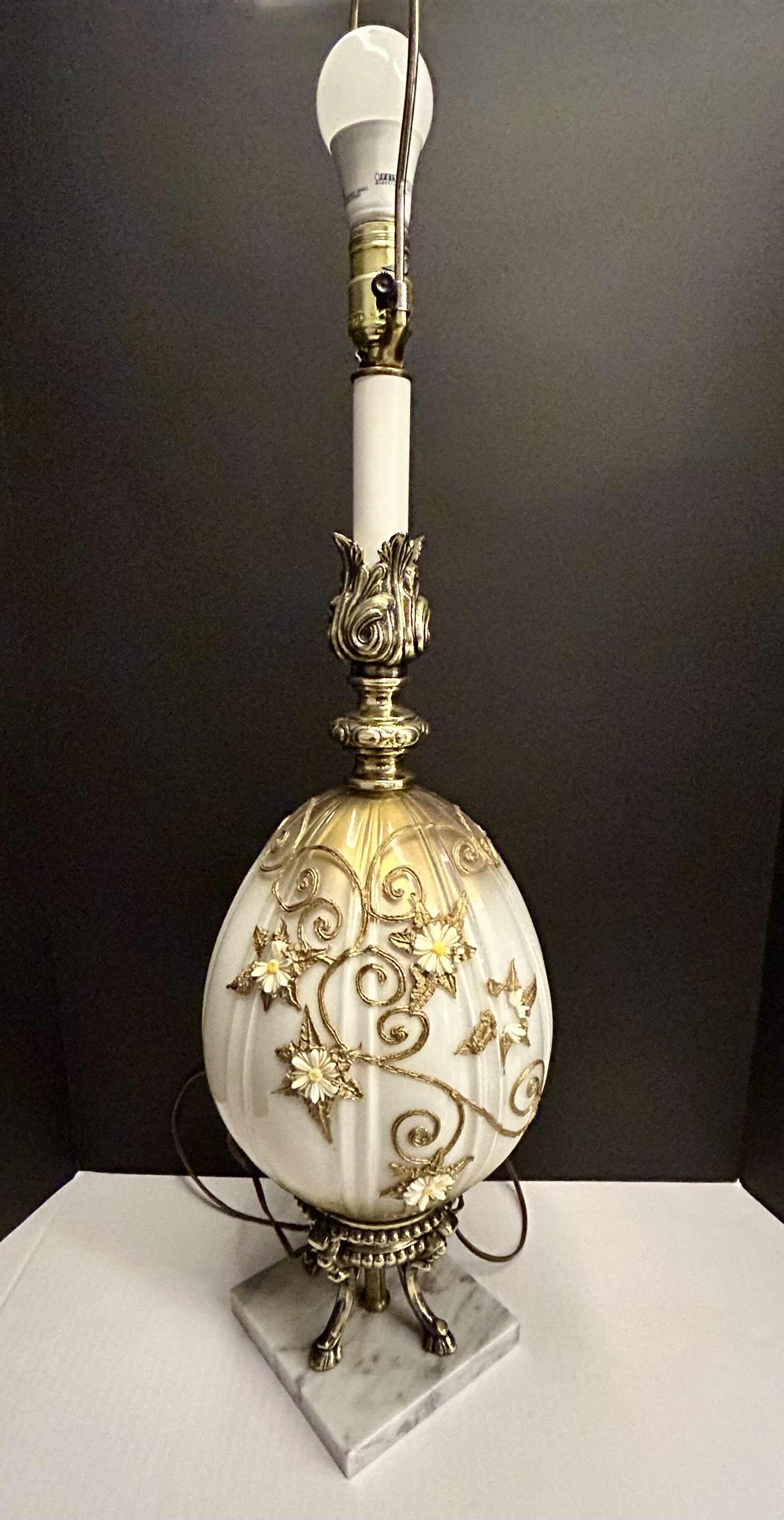 Photo 1 of Italian Ormolu Design 36” Table Lamp White and Gold Glass Ball w/Metal Roses