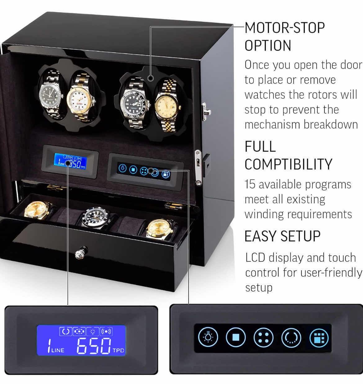 Photo 3 of 4 WATCH, WATCH WINDER with 5 WATCH STORAGE SPACE, LCD DISPLAY, TOUCH CONTROL and INTERIOR LIGHT
12”X 7.5” H 13” 

260.00