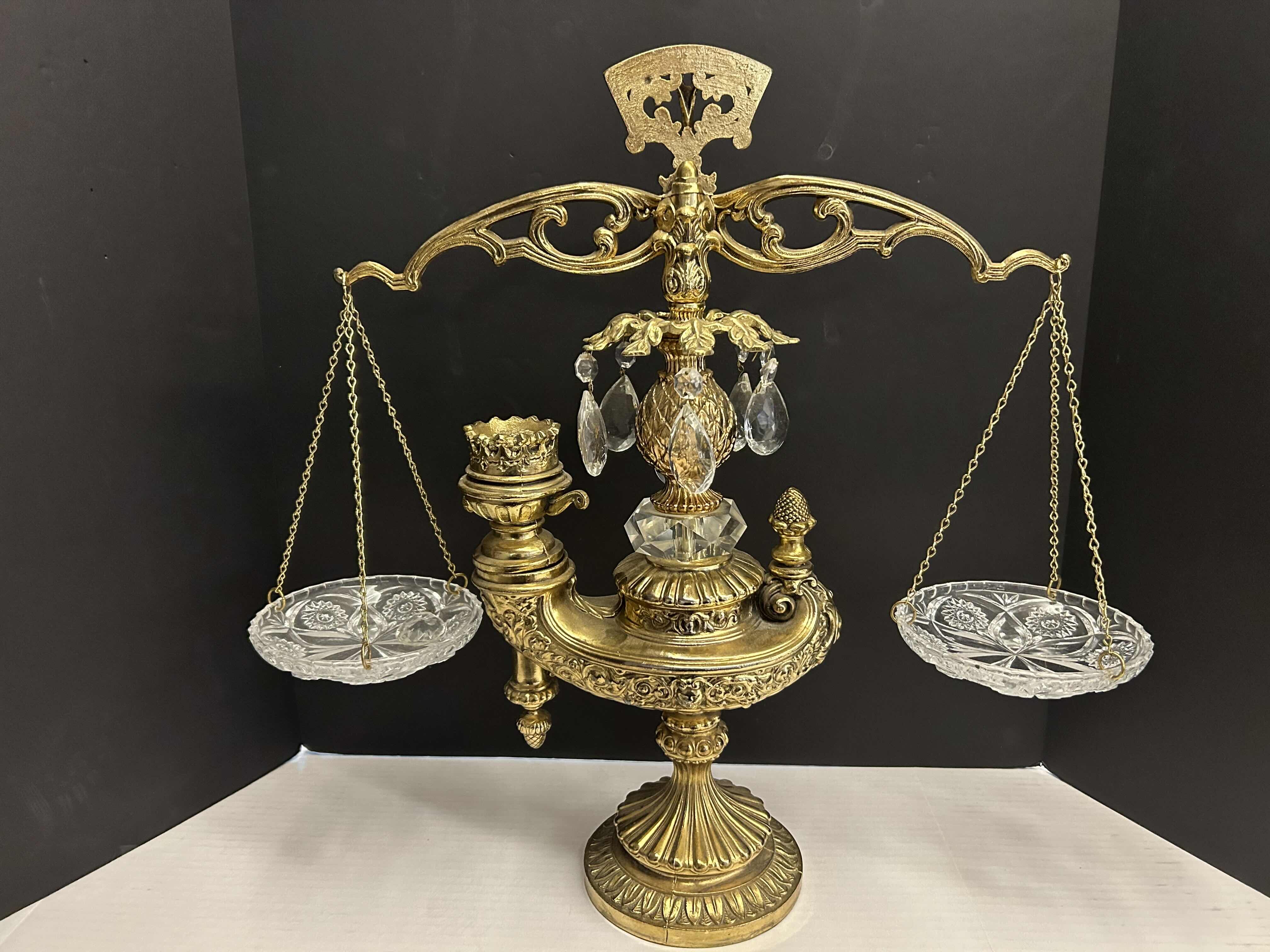 Photo 1 of CRYSTAL AND BRASS BALANCE SCALES (4 MISSING TEARDROP CRYSTALS) 

$150.00