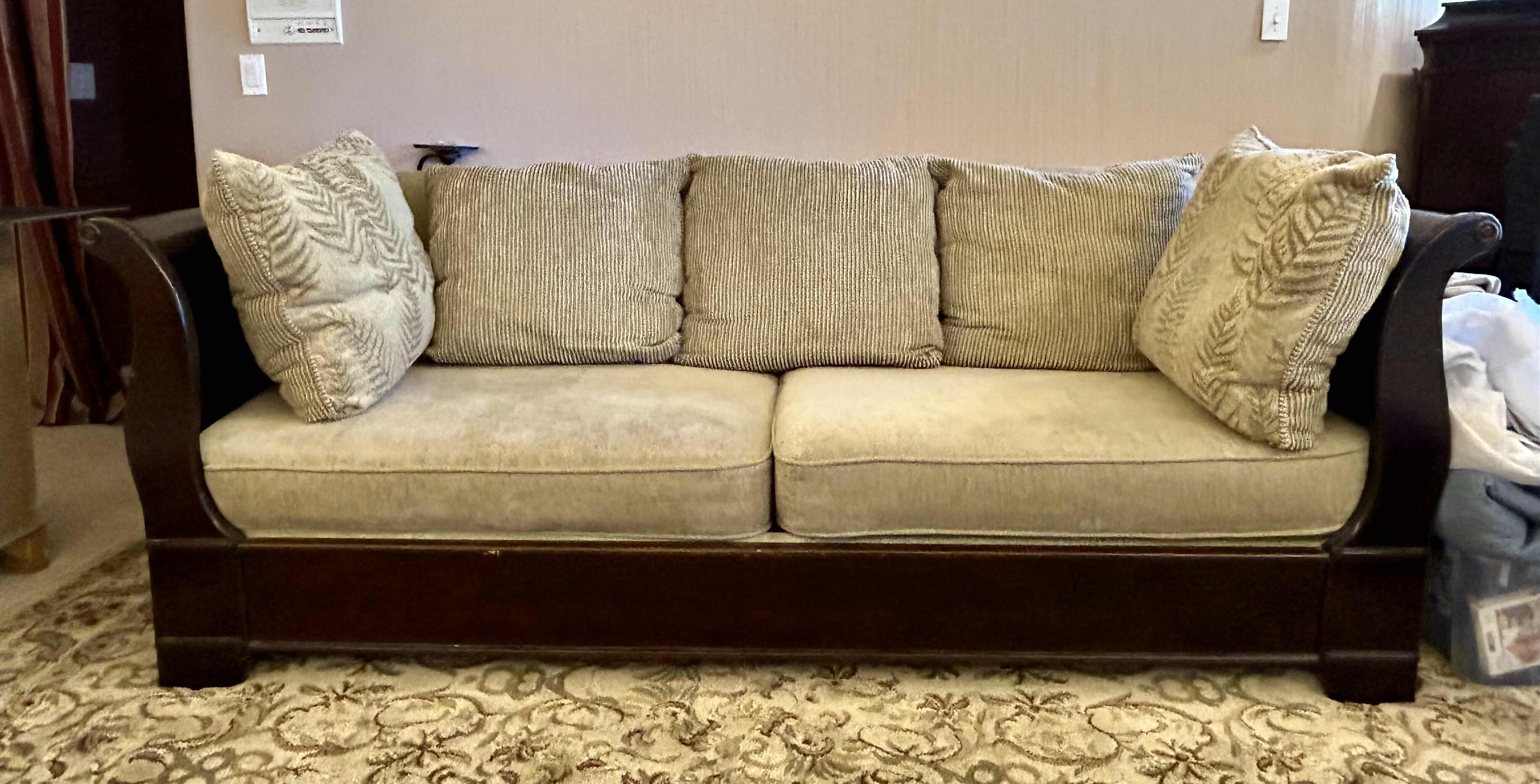 Photo 1 of SLEIGH STYLE 2 CUSHION SOFA IN LIGHT TAN WITH CHERRY COLOR FINISH