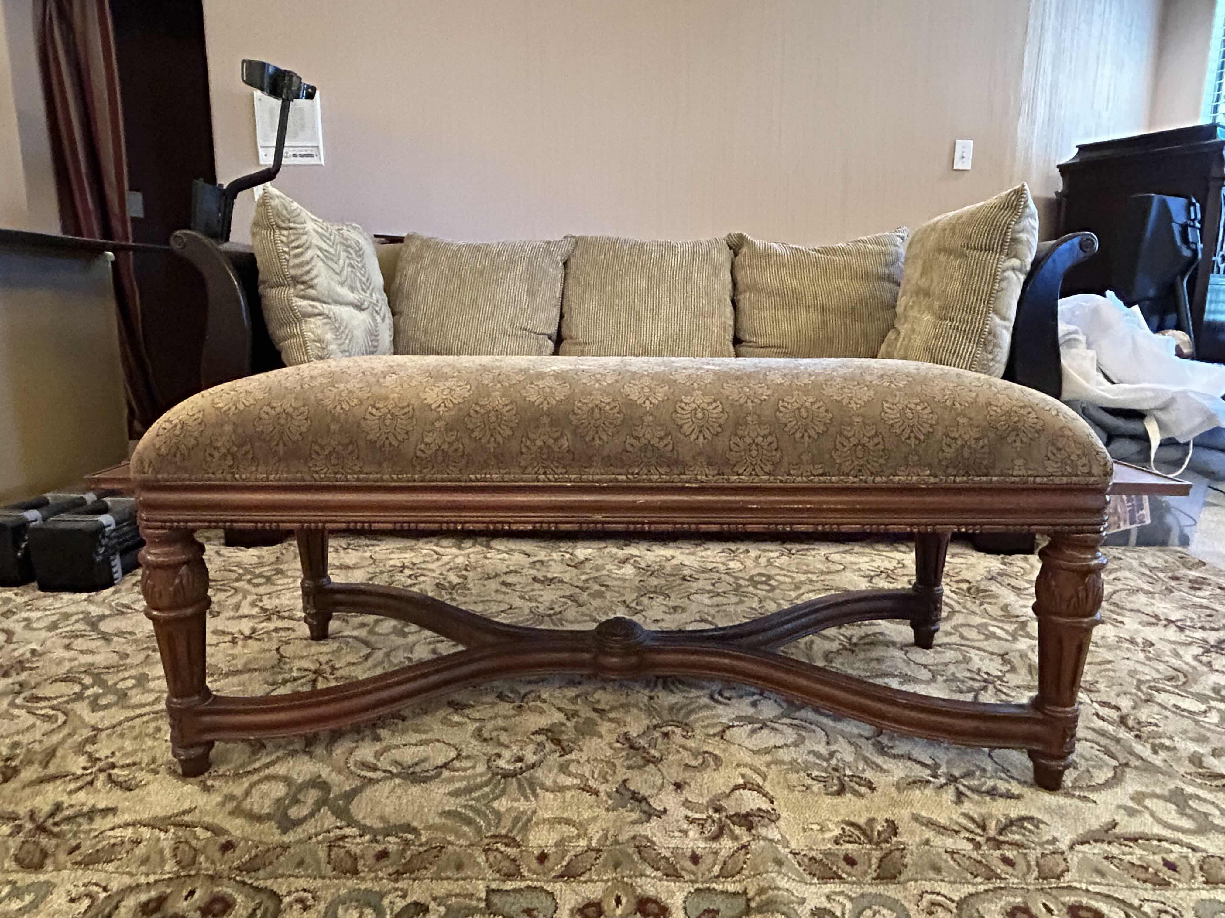 Photo 2 of FLORENCE BENCH NUTMEG FINISH w/TUSCAN TAPESTRY UPHOLSTERY 47” X 20” H 20”