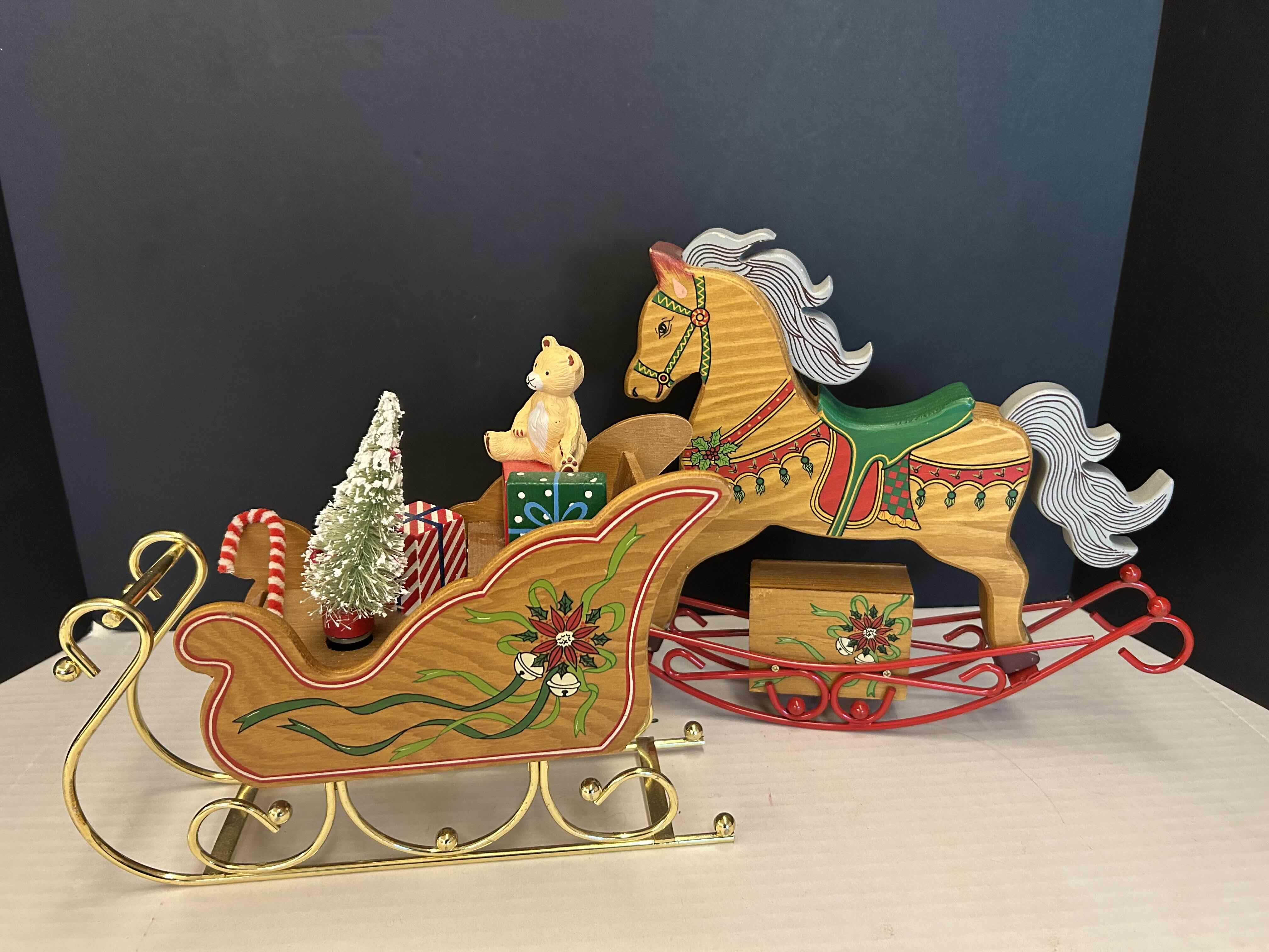 Photo 1 of 2- MUSICAL WIND UPS, WOODEN HORSE AND SLEIGH