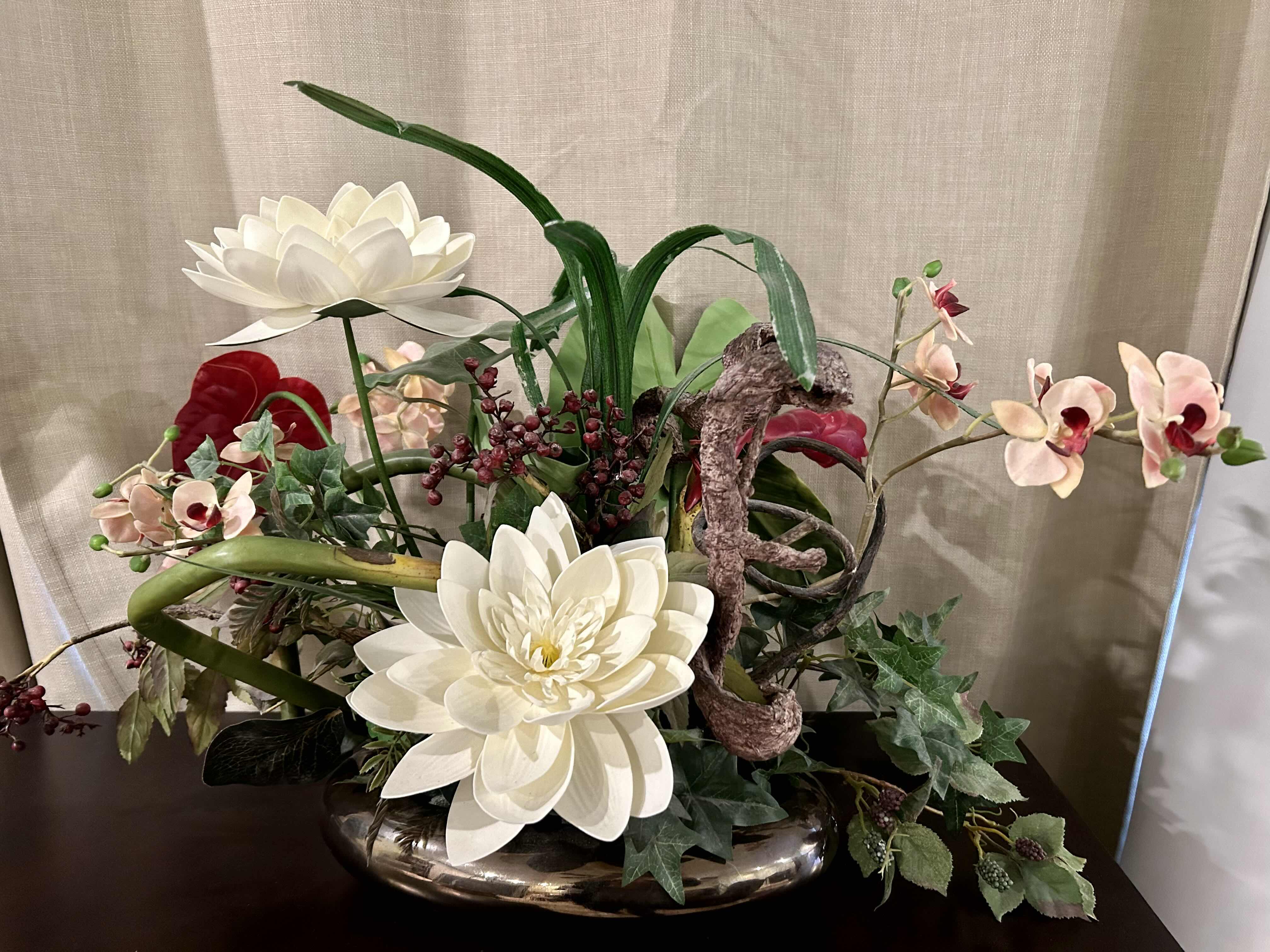 Photo 1 of FAUX FLORAL CENTERPIECE IN OBLONG METALLIC VASE 30“ x 20“ 