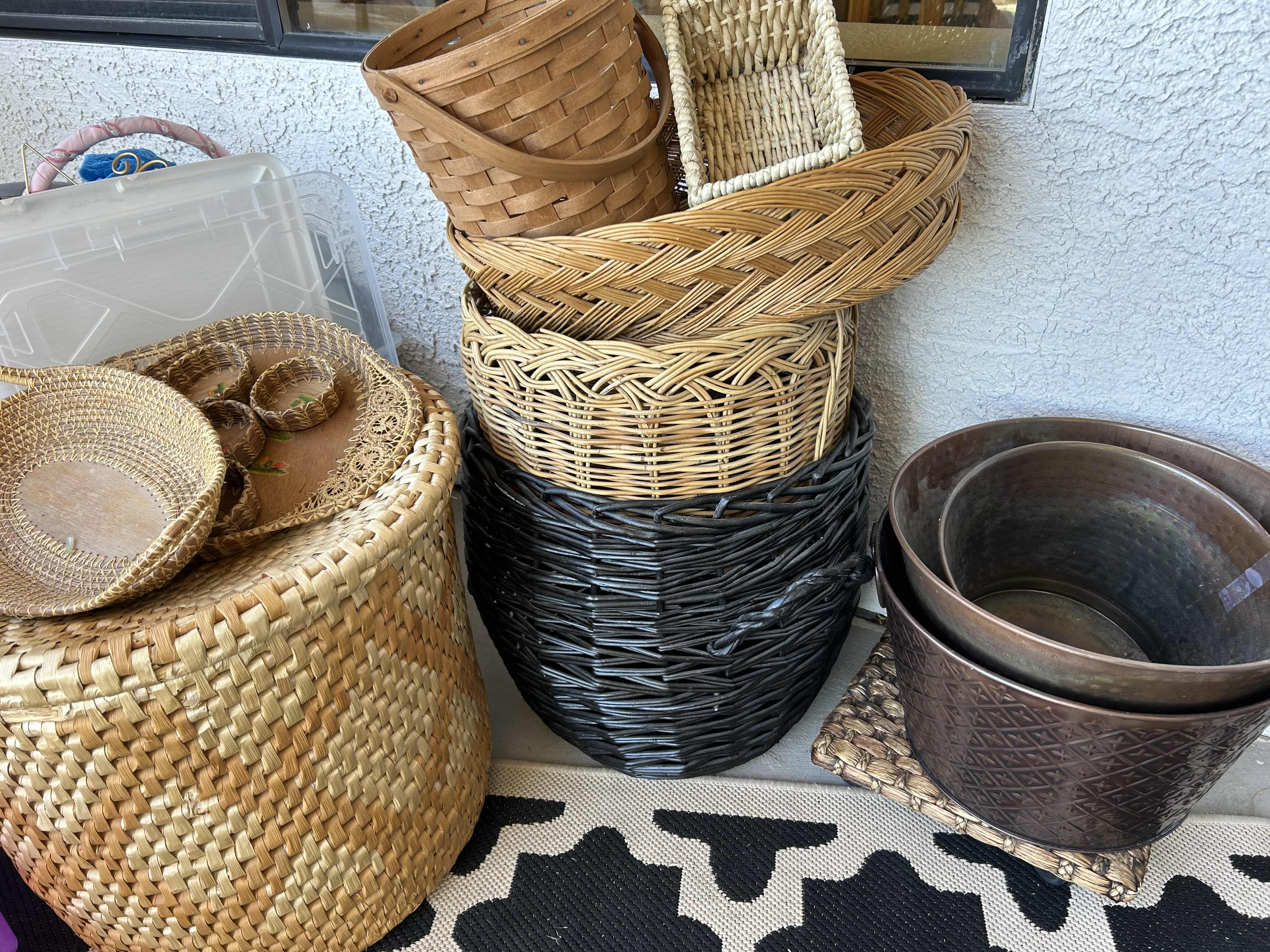 Photo 1 of 10- VARIOUS SHAPES AND SIZED, WICKER BASKETS AND METAL POTS