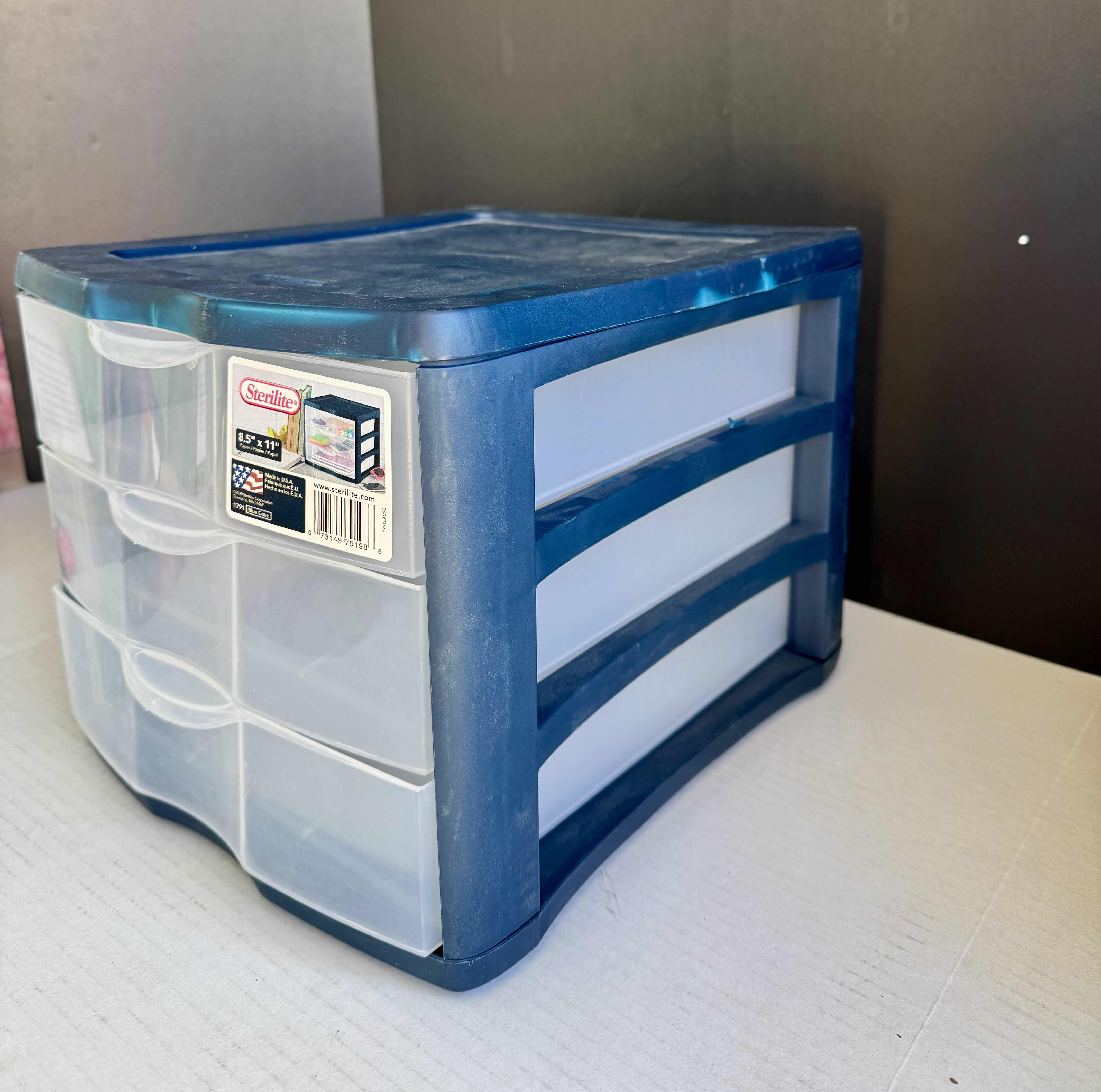 Photo 2 of 2 - BRAND NEW STERILITE 3 DRAWER PLASTIC UNIT, BLUE & WHITE, 8.5" X 11"