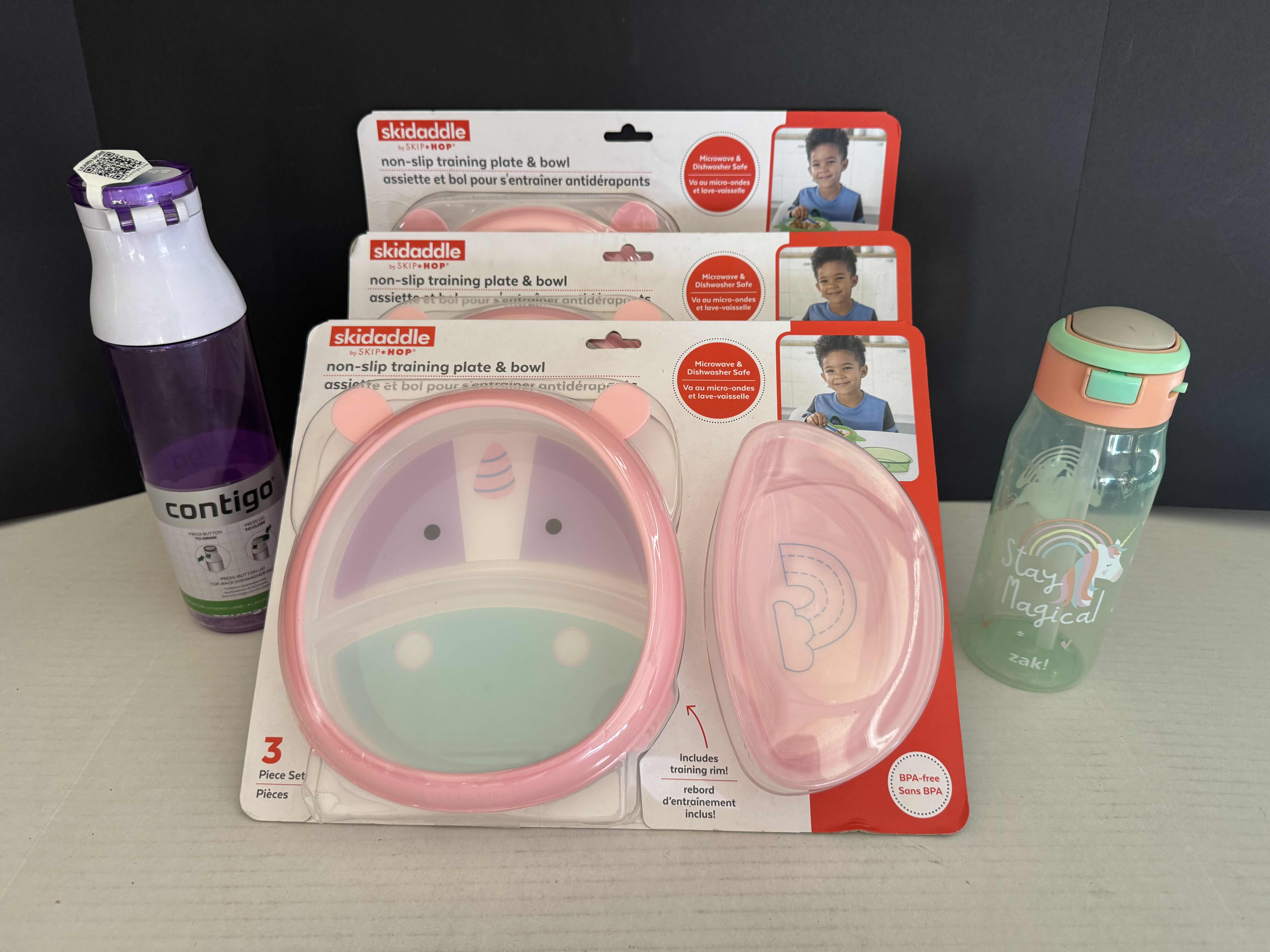 Photo 1 of 5- BRAND NEW KITCHEN ESSENTIALS: SKIDADDLE TRAINING PLATE & BOWL & 2 WATER BOTTLES