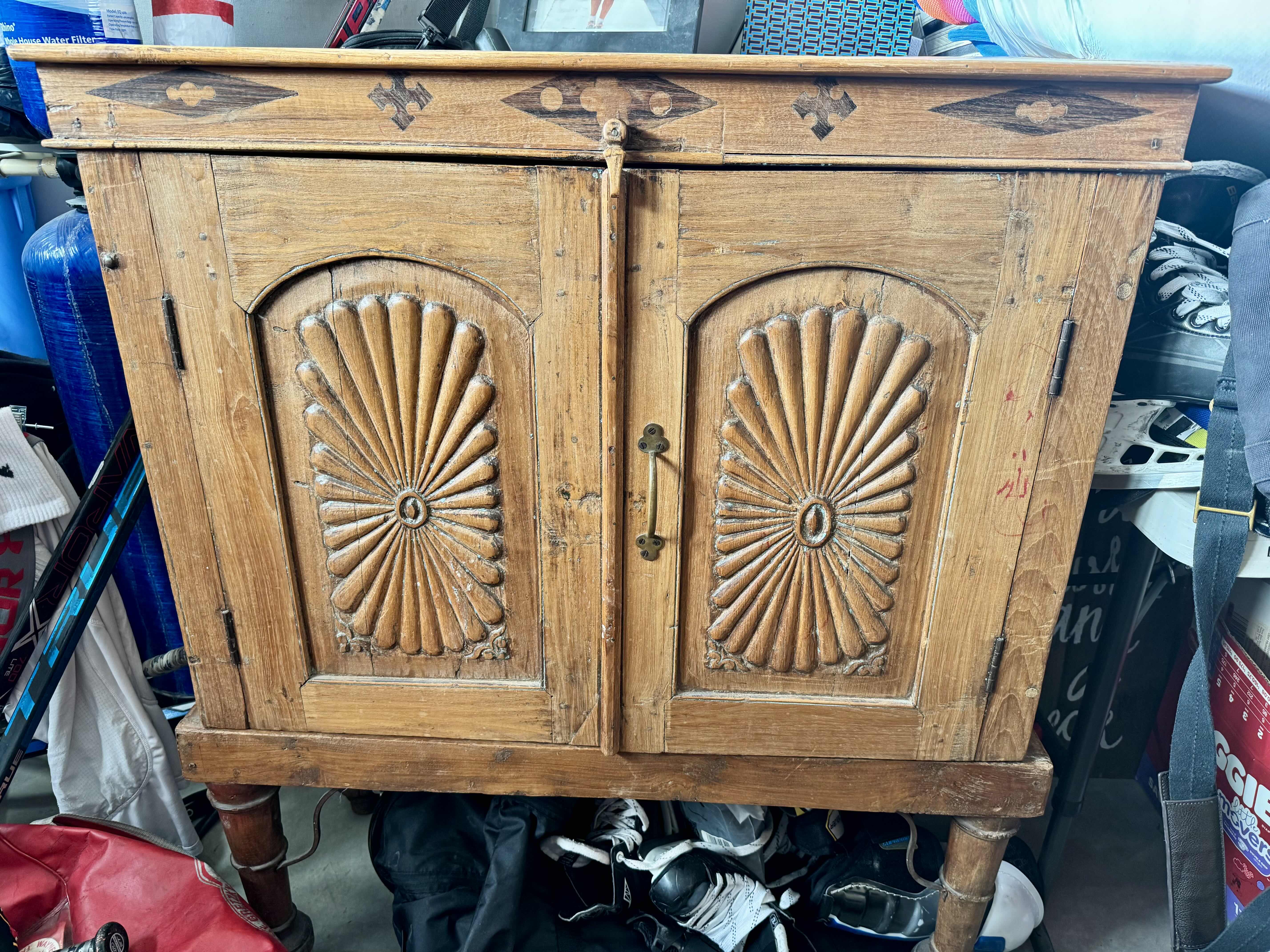 Photo 1 of 2 PIECE BALINESE HAND CRAFTED SUNFLOWER CARVED “HIGH BOY” CABINET 36” X 14” H44”