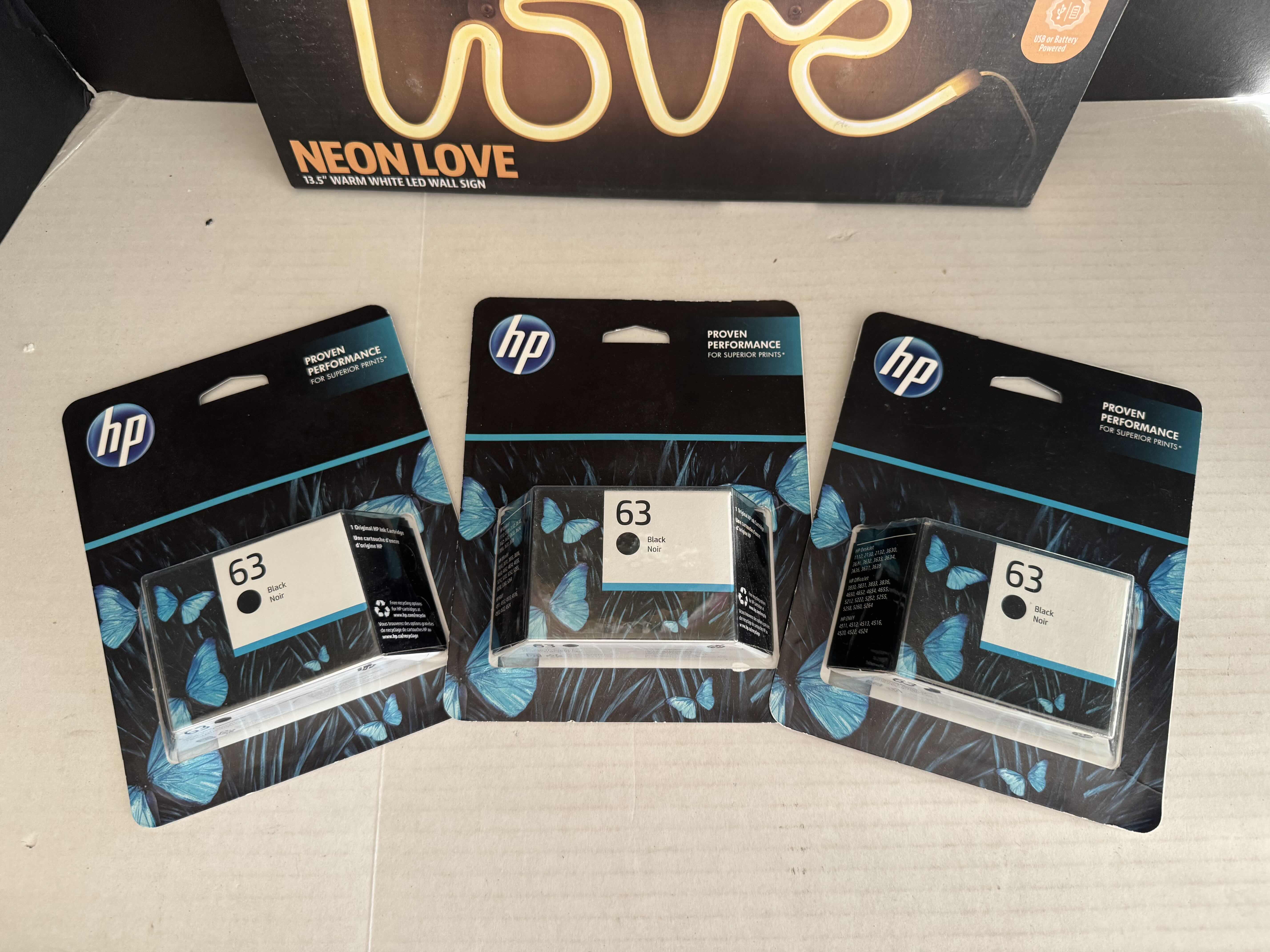 Photo 2 of BRAND NEW 3 HP INK CARTRIDGES & LOVE NEON SIGN