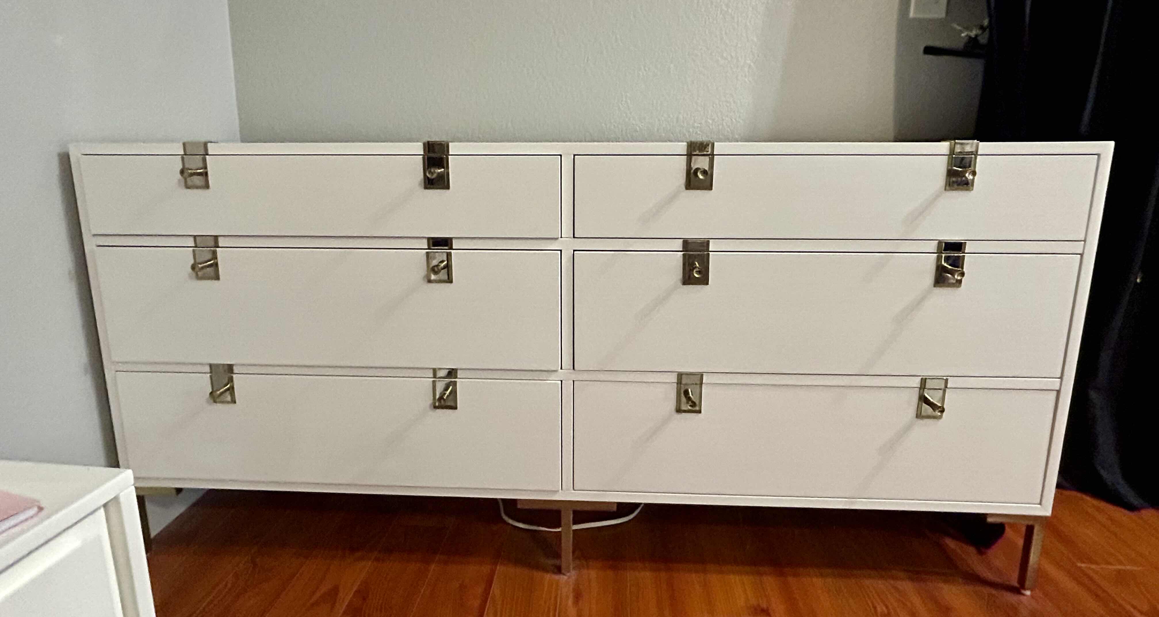 Photo 1 of ANTHROPOLOGIE INGRAM WHITE GLOSS DRESSER WITH GOLD ACCENTS 68” X 18” H 32”