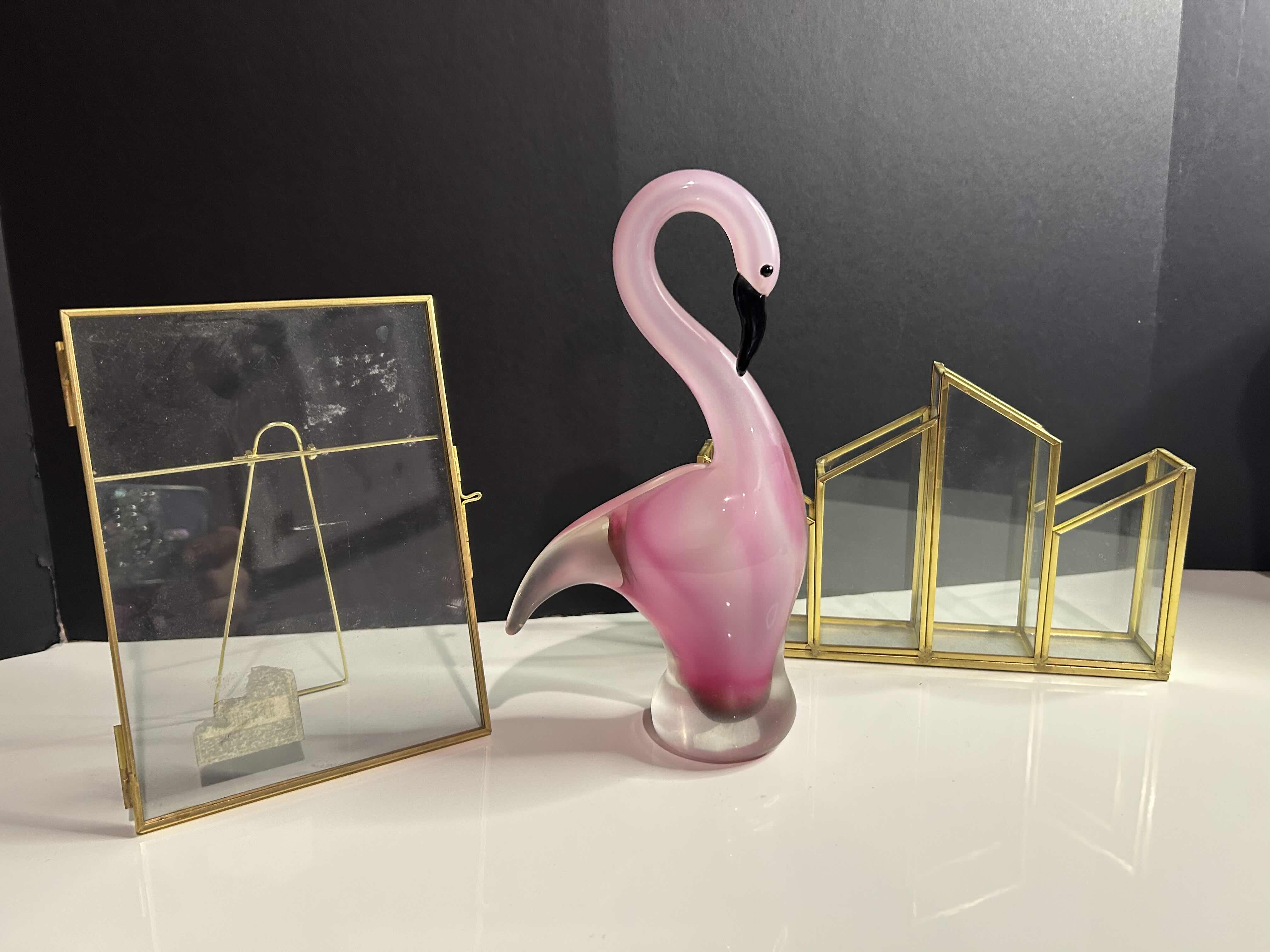 Photo 1 of BLOWN GLASS FLAMINGO PAPERWEIGHT 9” AND DESK ACCERSSORIES