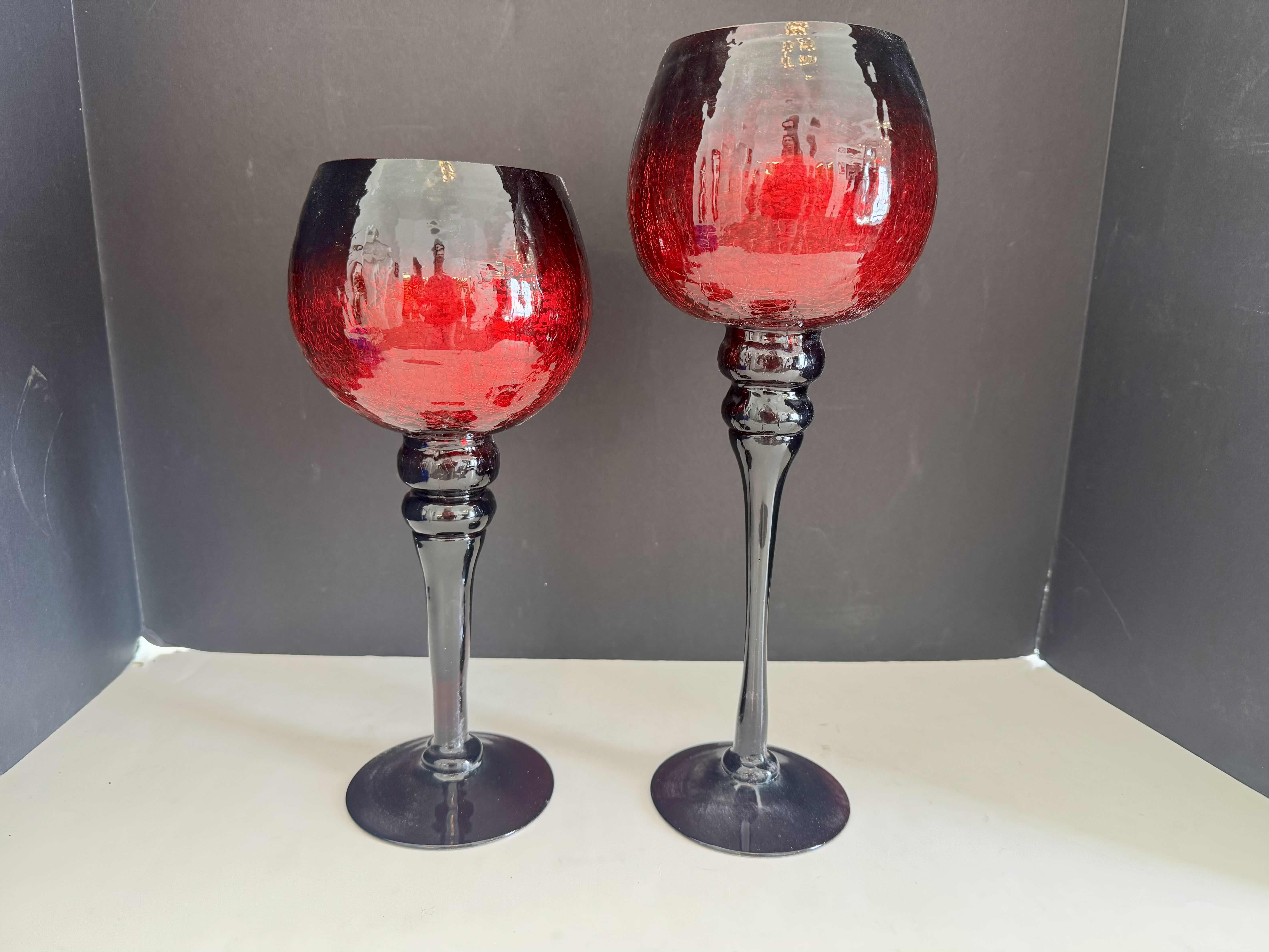 Photo 1 of 2 - RED CRACKLE CANDLE HOLDERS 
H 12” & H 14”