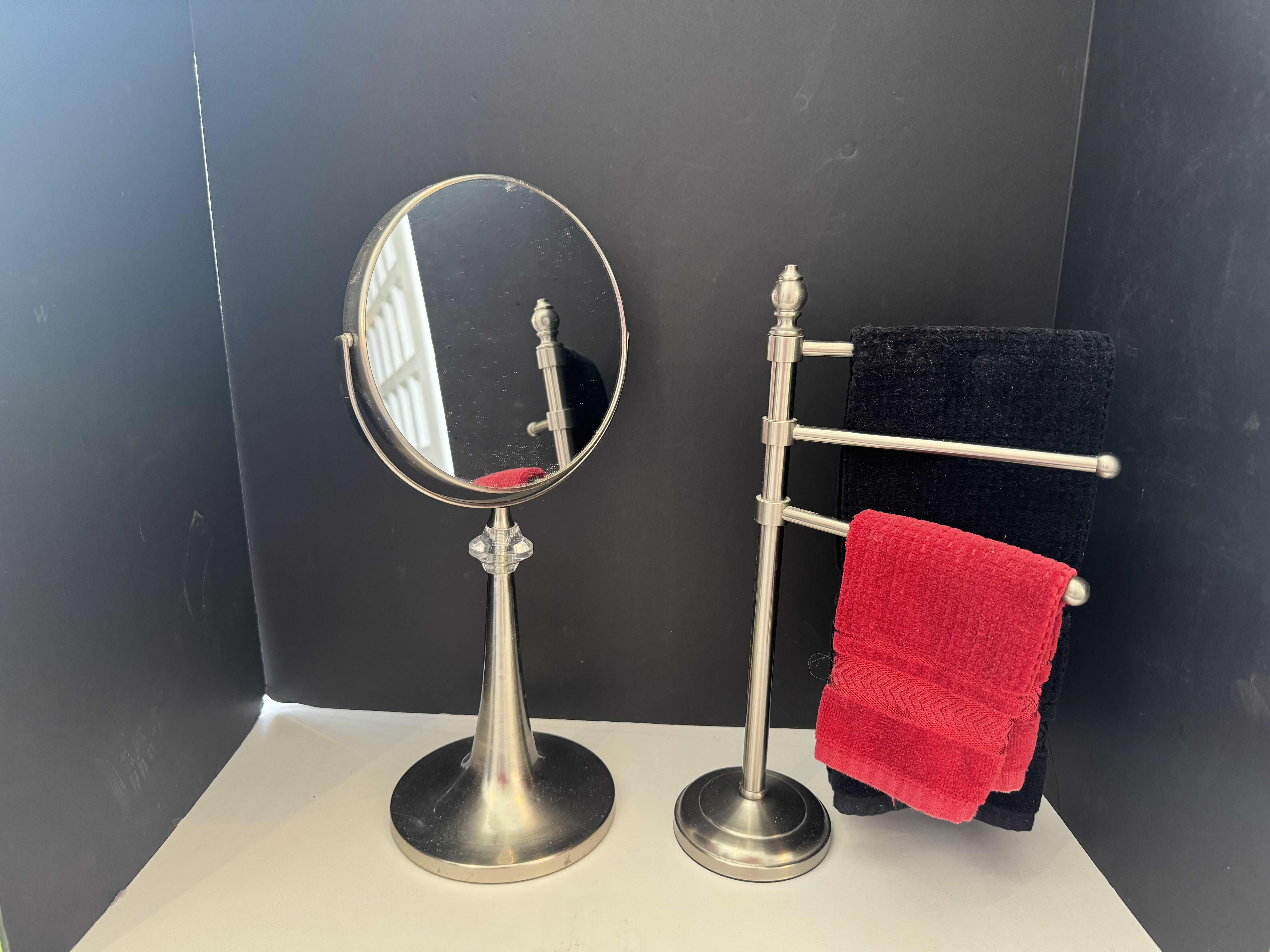 Photo 1 of 2 BATHROOM ESSENTIALS: 1-BRUSHED NICKEL VANITY MIRROR H17”  AND 1-COUNTER TOWEL TREE H15”