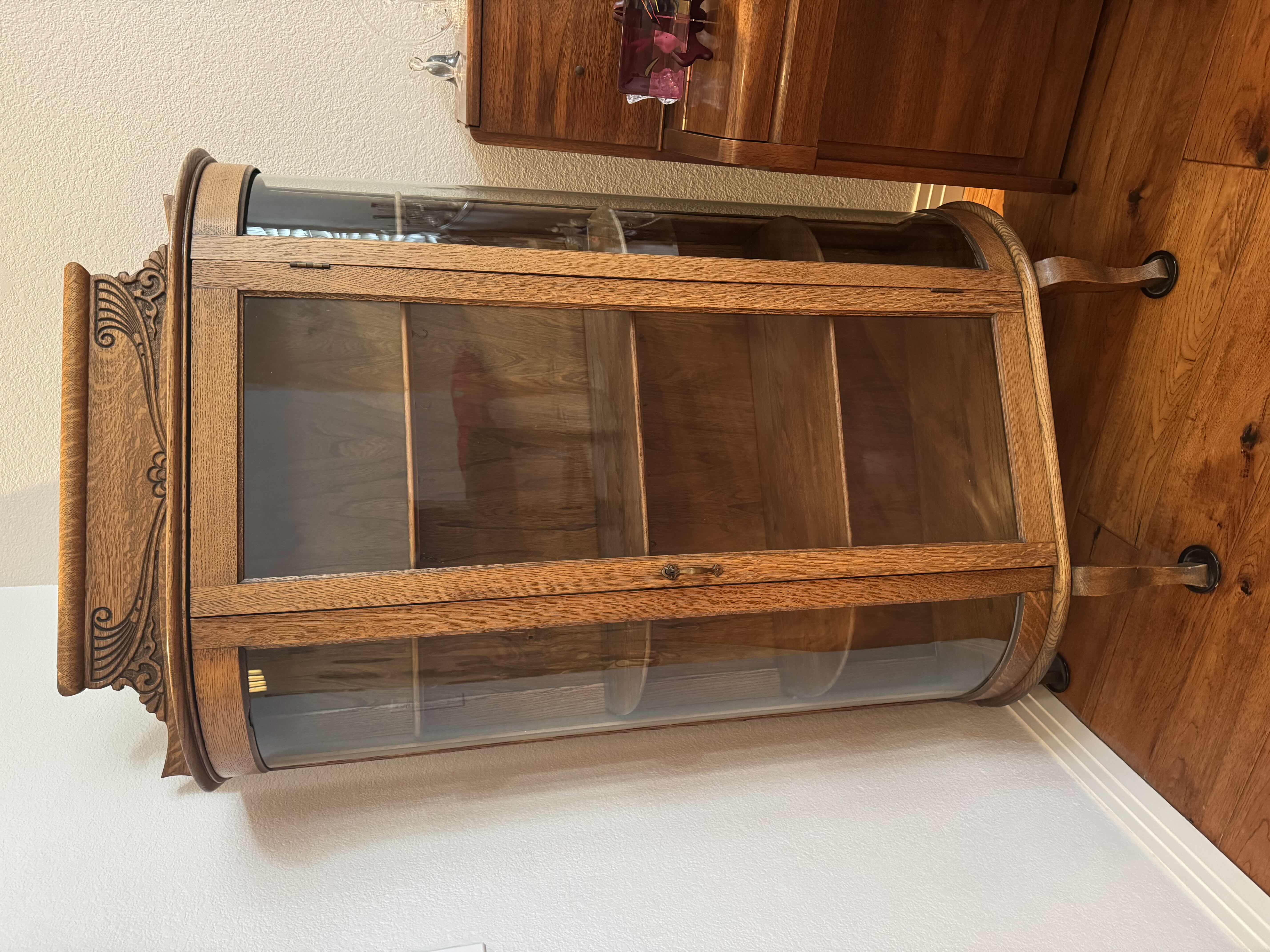 Photo 1 of ANTIQUE OAK CHINA CABINET 34” X 15” X H 65” CIRCA 1840, COMPLETELY RESTORED, ORIGINAL GLASS, HAS KEY. APPRAISAL INCLUDED