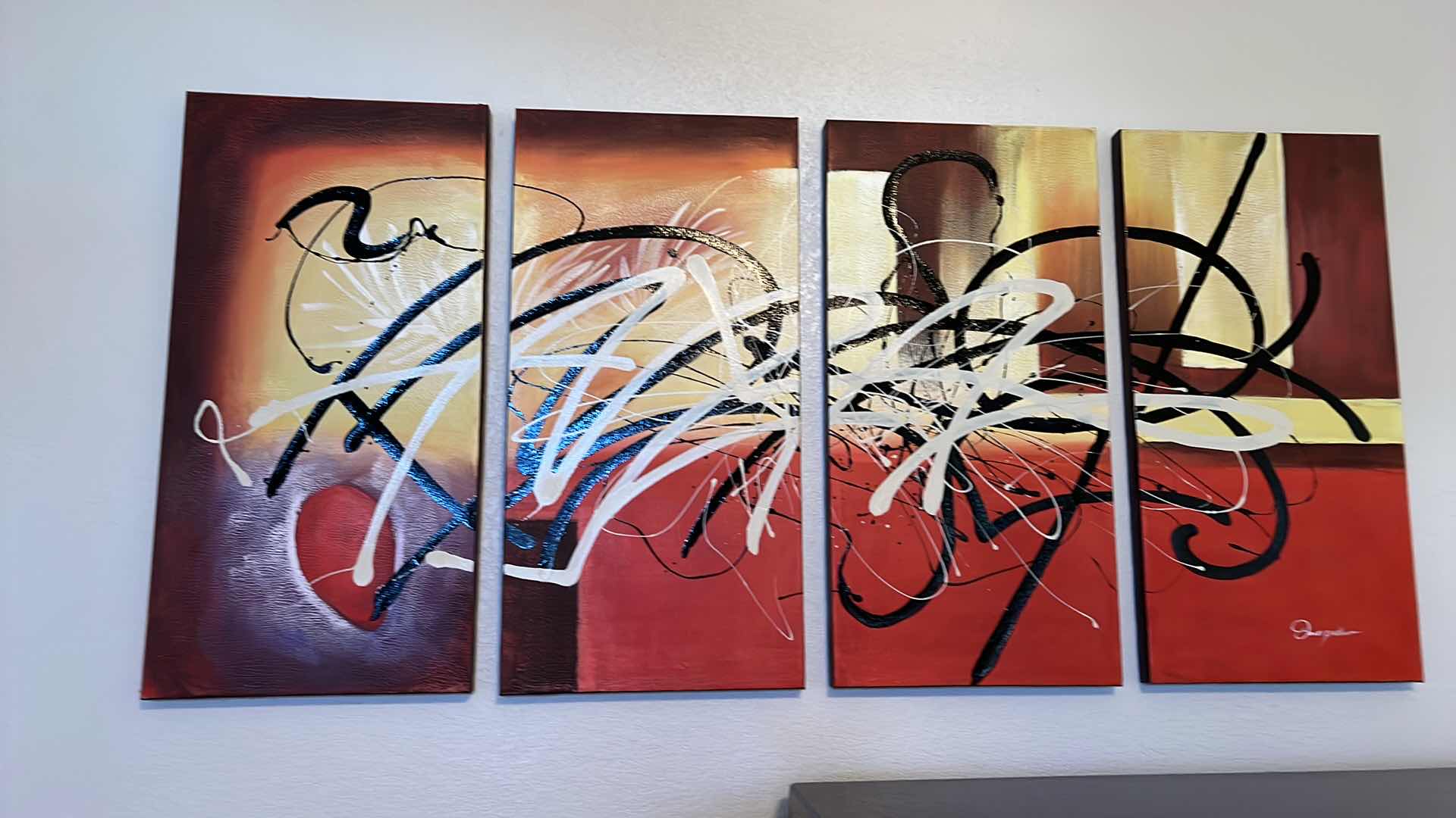 Photo 1 of 4 PIECE ARTWORK. RED AND BLACK ABSTRACT ACRYLIC PAINTING, ON STRETCHED CANVA. EACH PEICE IS 24” X 36”H