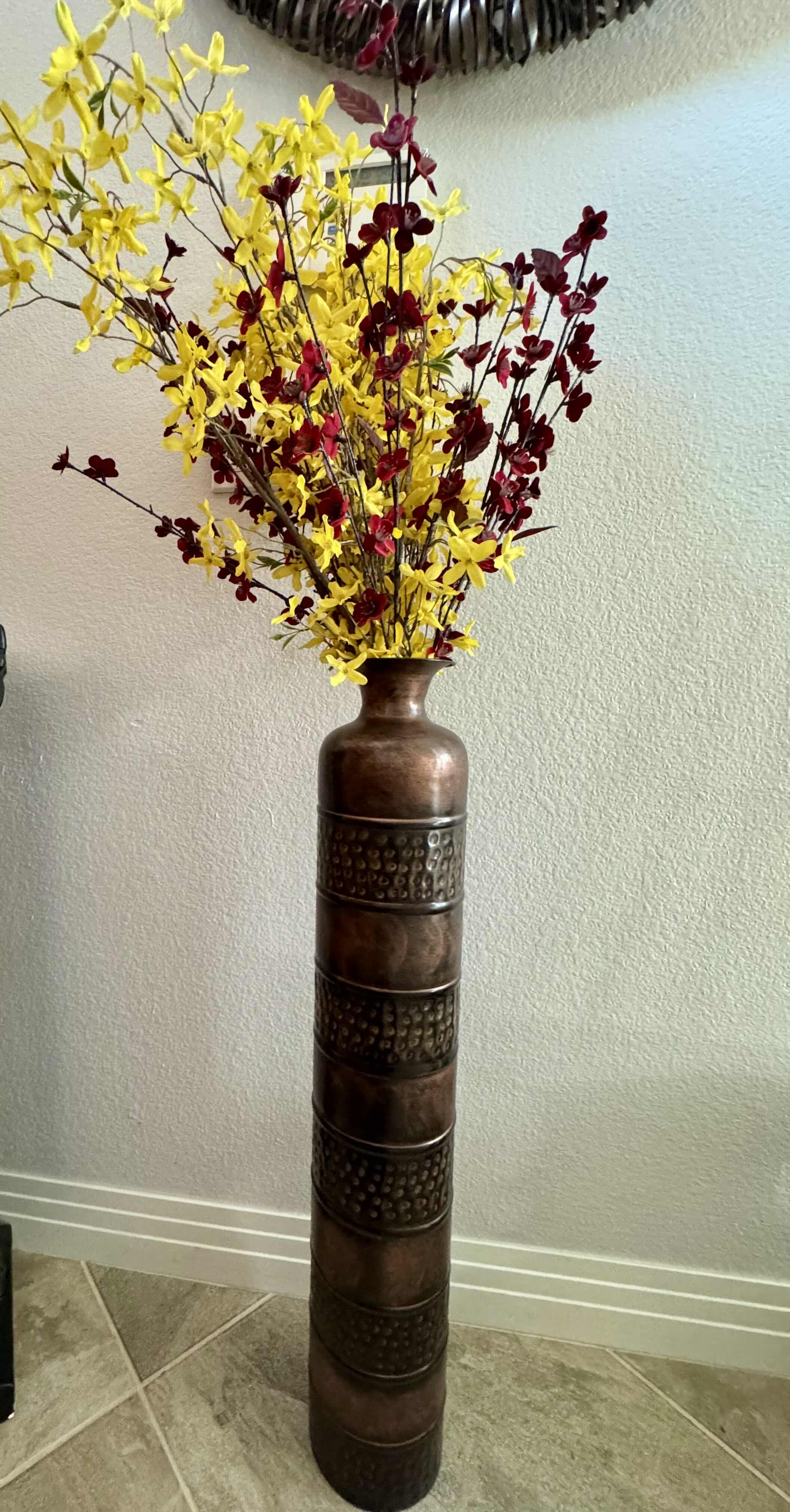 Photo 1 of 34” COPPER COLORED HAMMERED VASE (H54” WITH FAUX FOLIAGE)