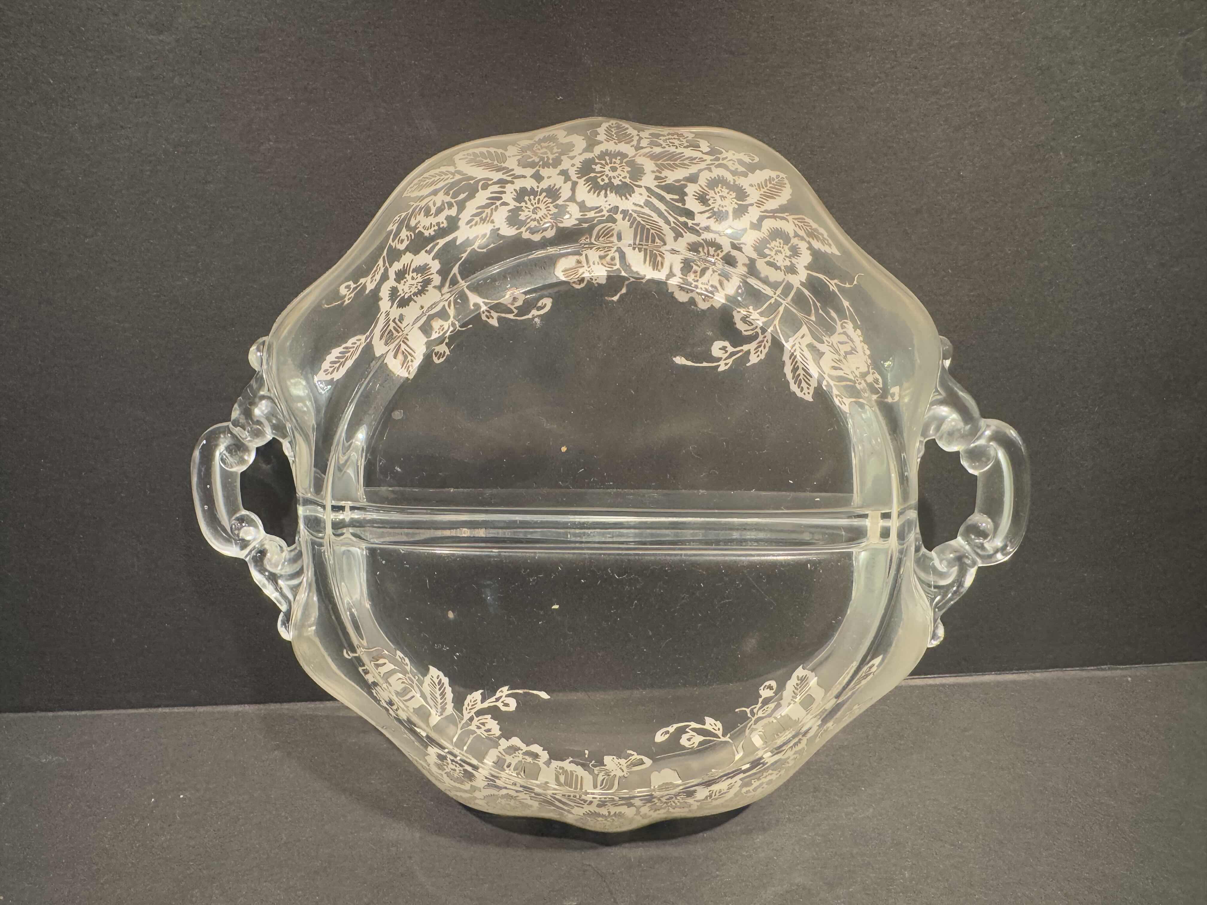 Photo 6 of 2 SERVICE PIECES 1) VINTAGE ANCHOR HOCKING PINK DEPRESSION GLASS  9” DESERT STAND 1) CAMBRIDGE ROSE POINT 2 PART DIVIDED HANDLED DISH  8" 