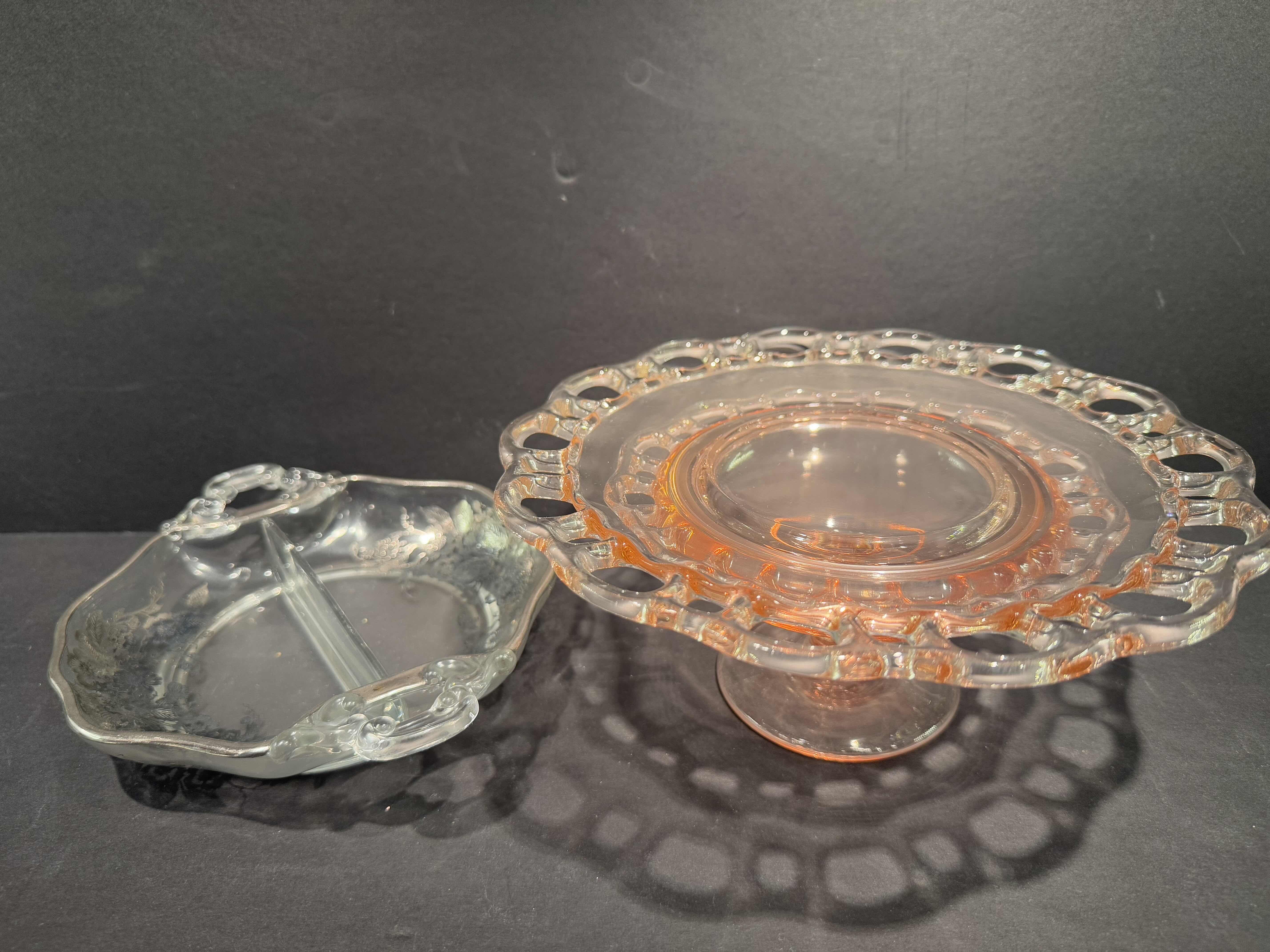 Photo 1 of 2 SERVICE PIECES 1) VINTAGE ANCHOR HOCKING PINK DEPRESSION GLASS  9” DESERT STAND 1) CAMBRIDGE ROSE POINT 2 PART DIVIDED HANDLED DISH  8" 